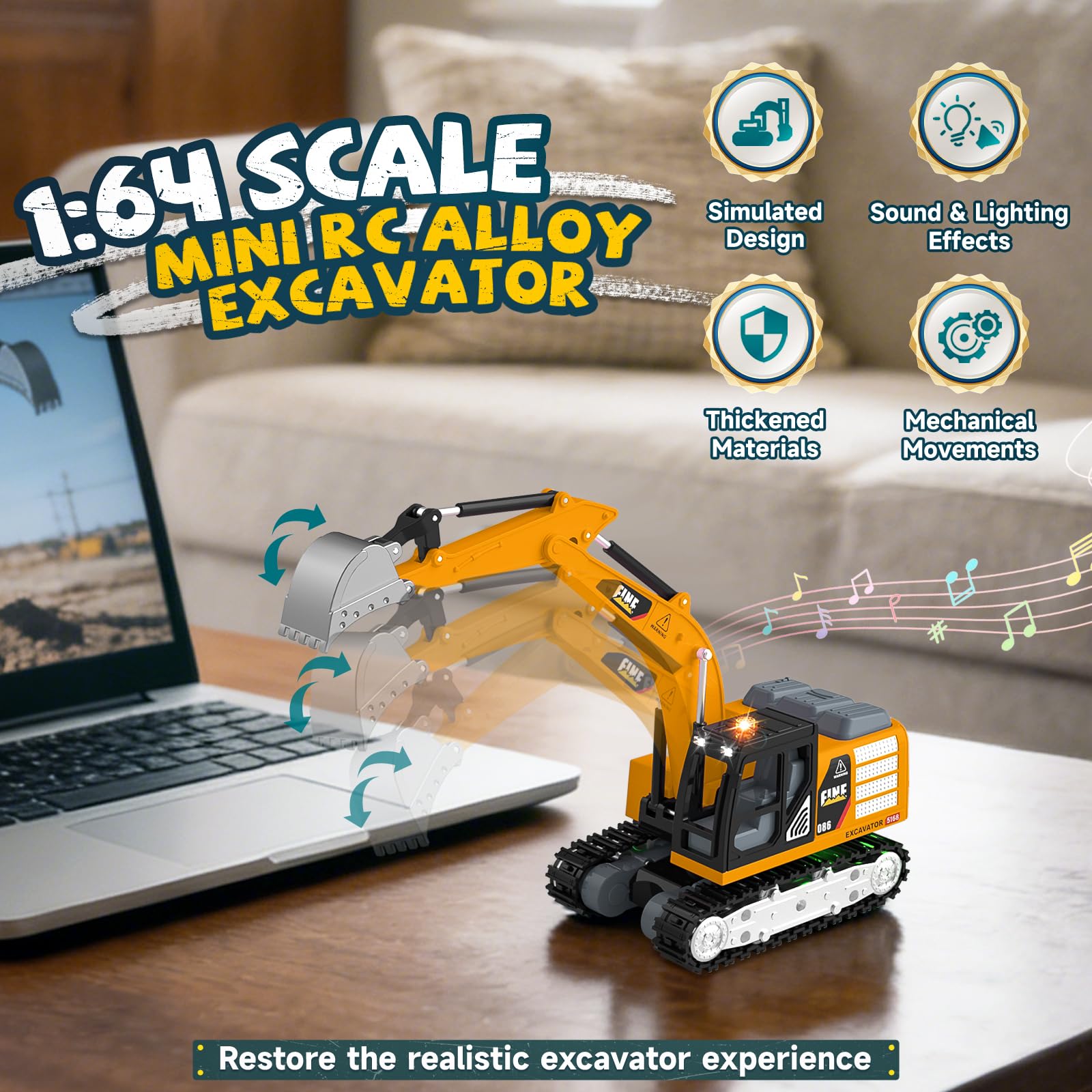 YESHIN Excavadora a Control Remoto, Juguete de Excavadora RC de 2.4 GHz con Luces y Sonidos, Mini vehículo de aleación a Control Remoto con Velocidad Ajustable — A Partir de 3 años