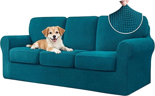 Miniatura 75 de CHUN YI Fundas de sofá de 7 piezas, fundas de sofá lavables, funda elástica para sofá de 3 cojines con respaldo y fundas de cojín separadas, Azul