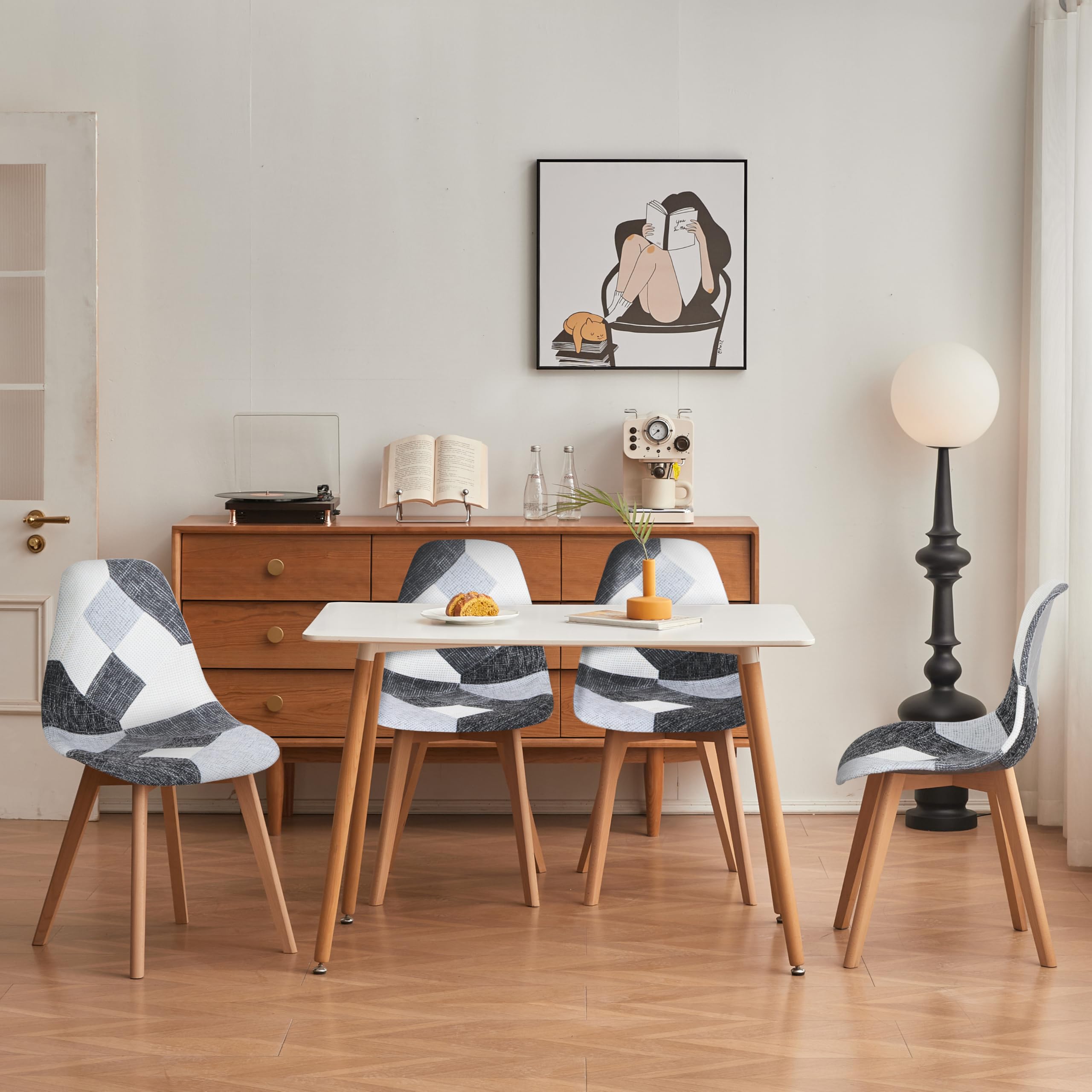 GrandCA HOME Zestaw 4 krzeseł do jadalni skandynawskich w patchworku, 4-częściowy zestaw skandynawskich foteli w stylu patchworkowym, tapicerowane krzesła, do kuchni, biura lub salonu, nogi z buku