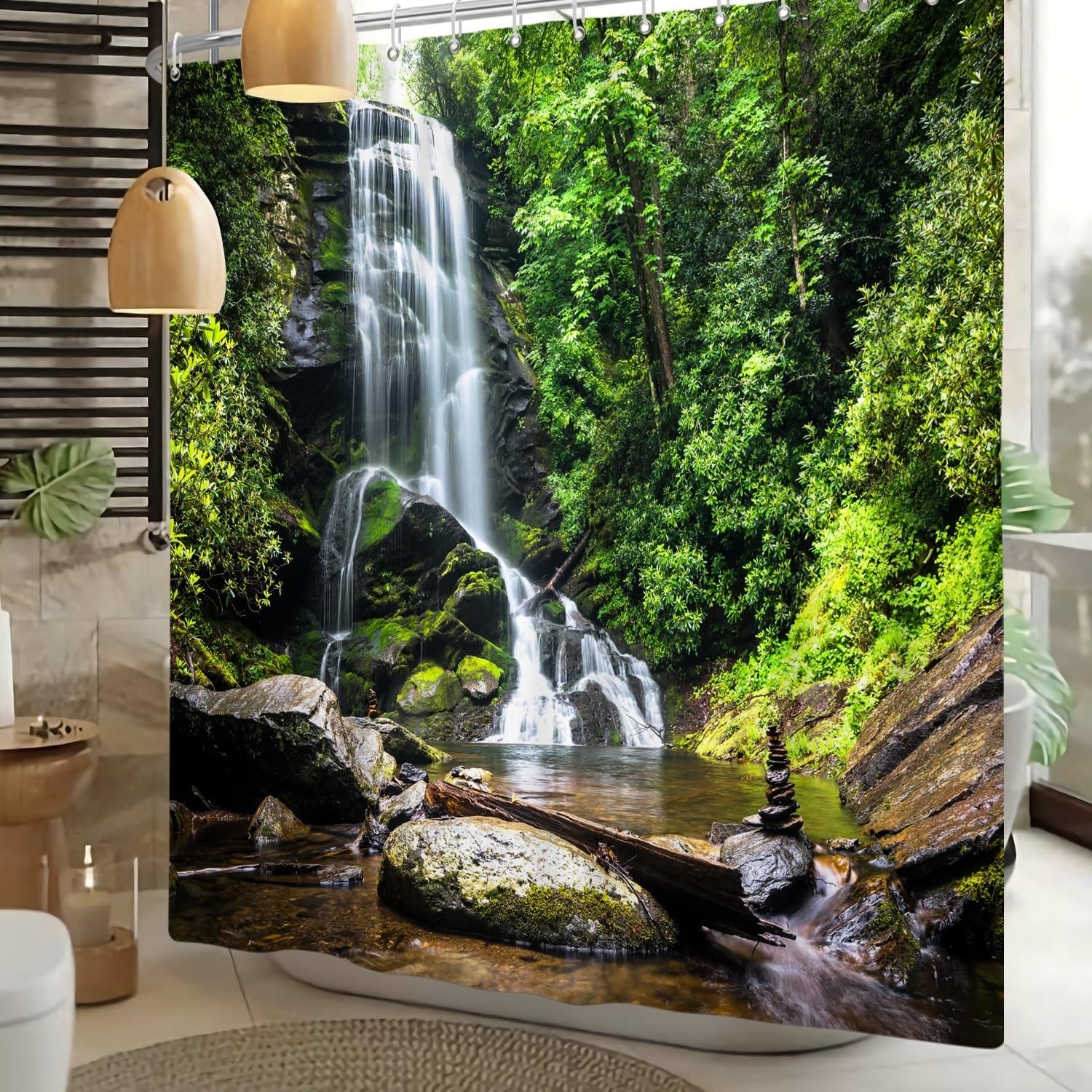 Xiaoterna Nature Shower Curtain Spring Waterfall Bathroom Curtain Tropical Jungle Green Forest Landscape Moss Stone River Washable Shower Curtain Waterproof Bathroom Home Decoration 180x240cm - Image 2