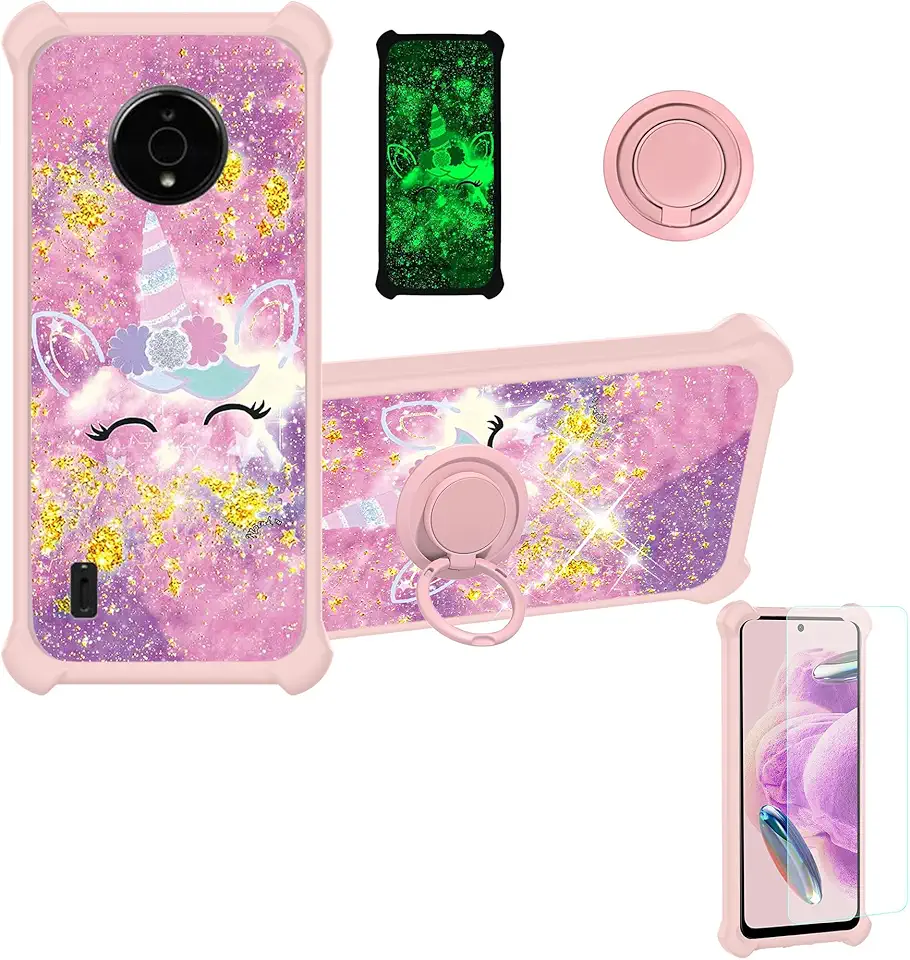 Capa para Nokia C200 compatível com Nokia C200 N151dl [com protetor de tela de vidro temperado][PC rígido + silicone macio][glitter dourado + luminoso] JSF-DJS