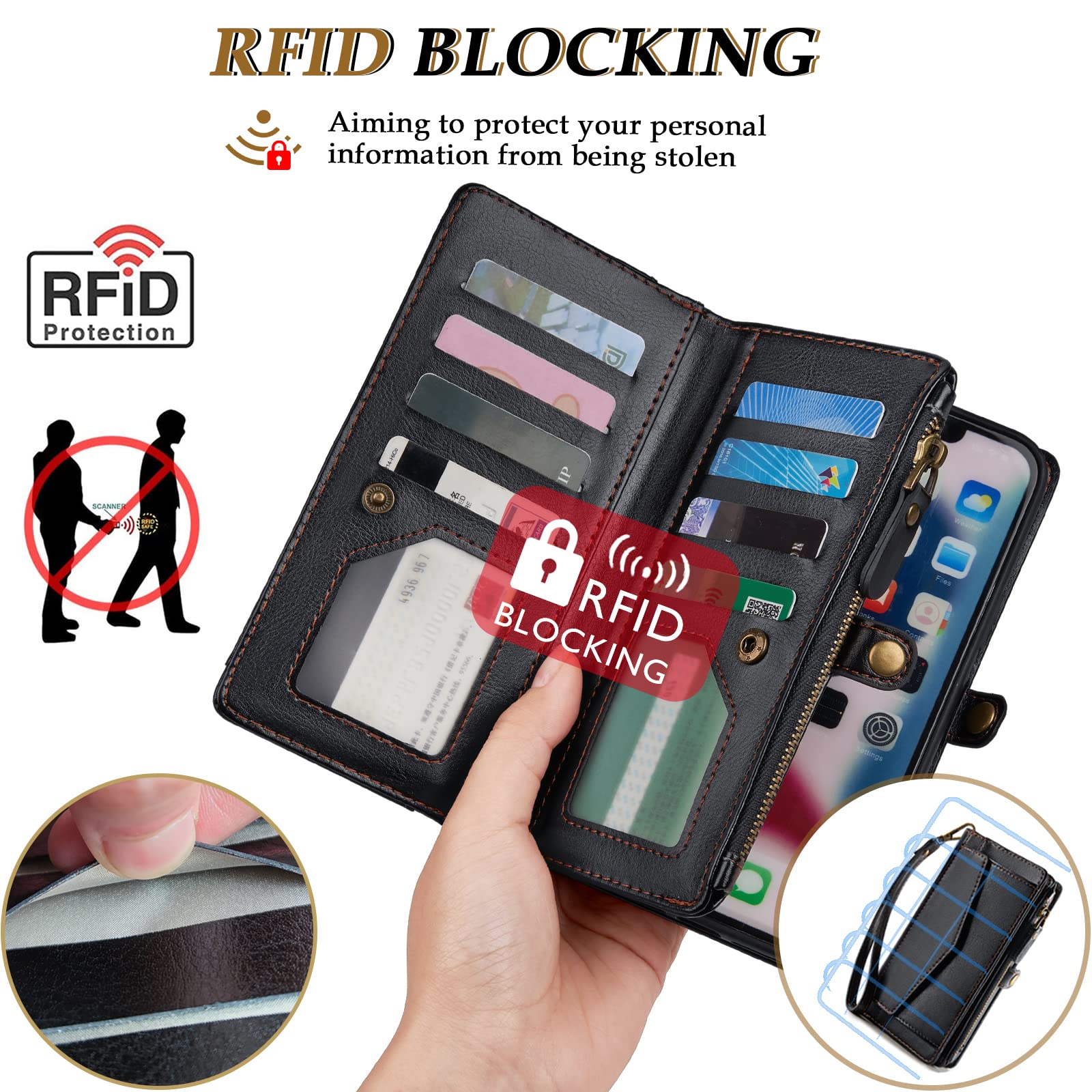 DKDKSIP Compatible with iPhone 13 Pro Max Wallet Case (6.7 inch), [RFID Blocking] Multi-Function 2 in 1 Detachable Magnetic Case, PU Leather with Crossbody Strap Zipper 12 Card Holder, Black