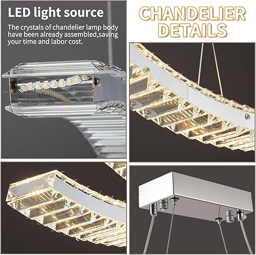Miniatura 5 de Candelabro de cristal para comedor, lámparas LED modernas regulables con control remoto, acero inoxidable cromado ondulado, iluminación de techo