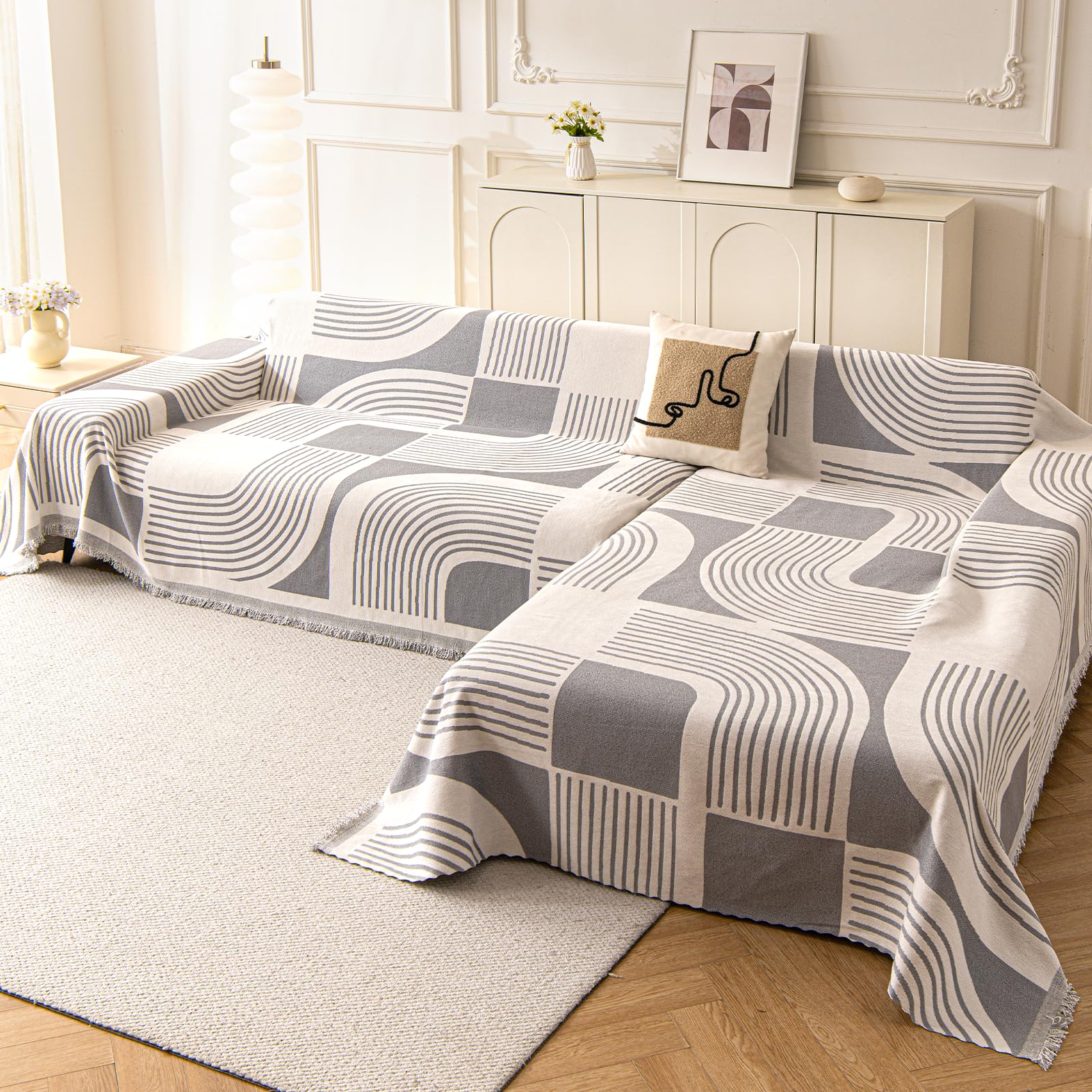 WEYOND Funda Sofa Chaise Long, 2 Piezas, 180 x 300 cm + 180 x 300 cm, Gris | Funda Sofá Chaise Longue de Chenilla, Cubre Sofá para Perros y Gatos, Antideslizantes para Sofá 2/3/4 Plazas en L