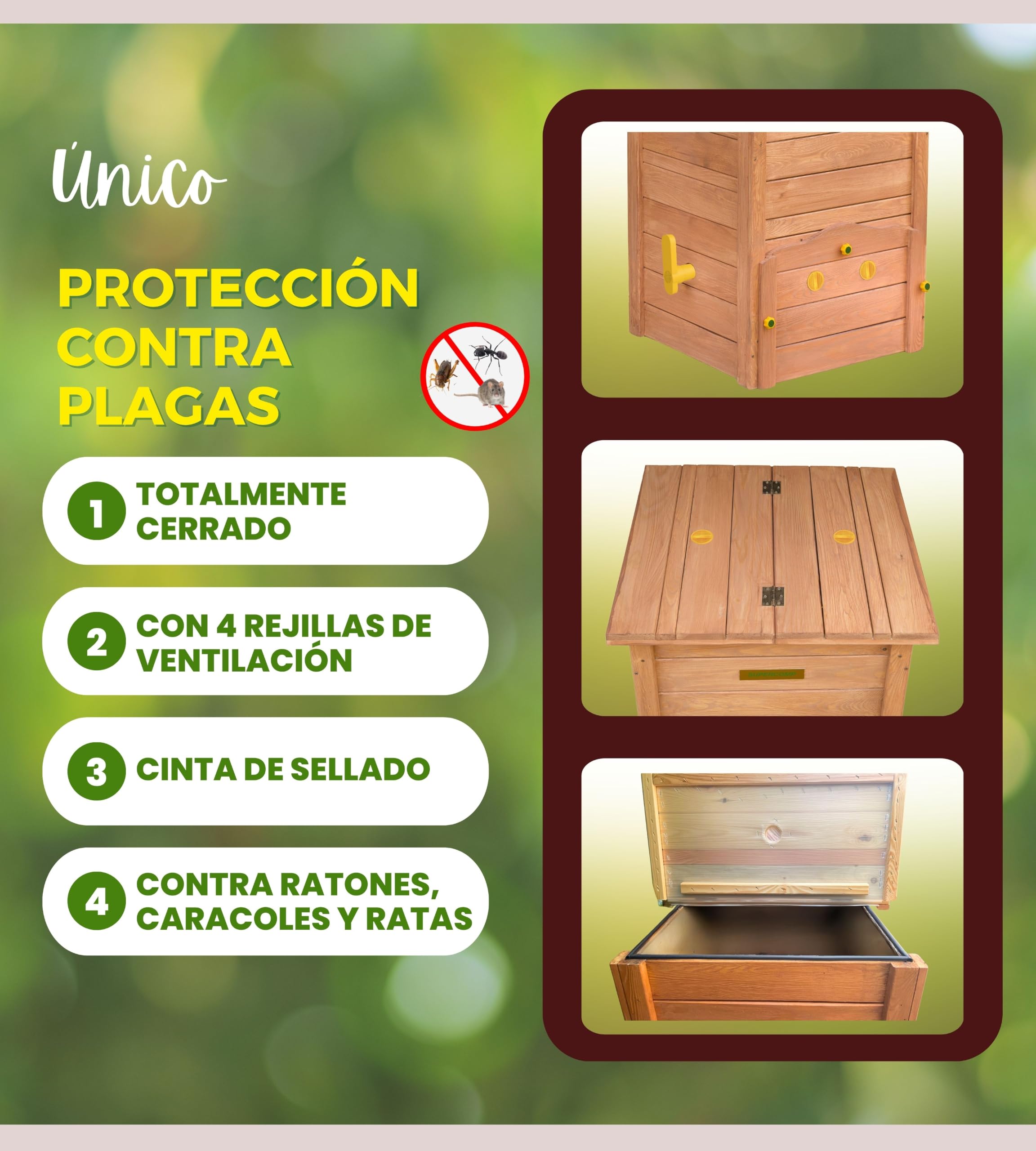 SUPERCOMP Compostador de Madera 340 L para Jardín con Protección Antiplagas y Antirroedores, Compostaje sin Olores ni Volteo, Aireación Vertical, Tapa y Base Incluidas | Compostador rápido de madera con tapa y base, protección contra plagas, juntas y reji