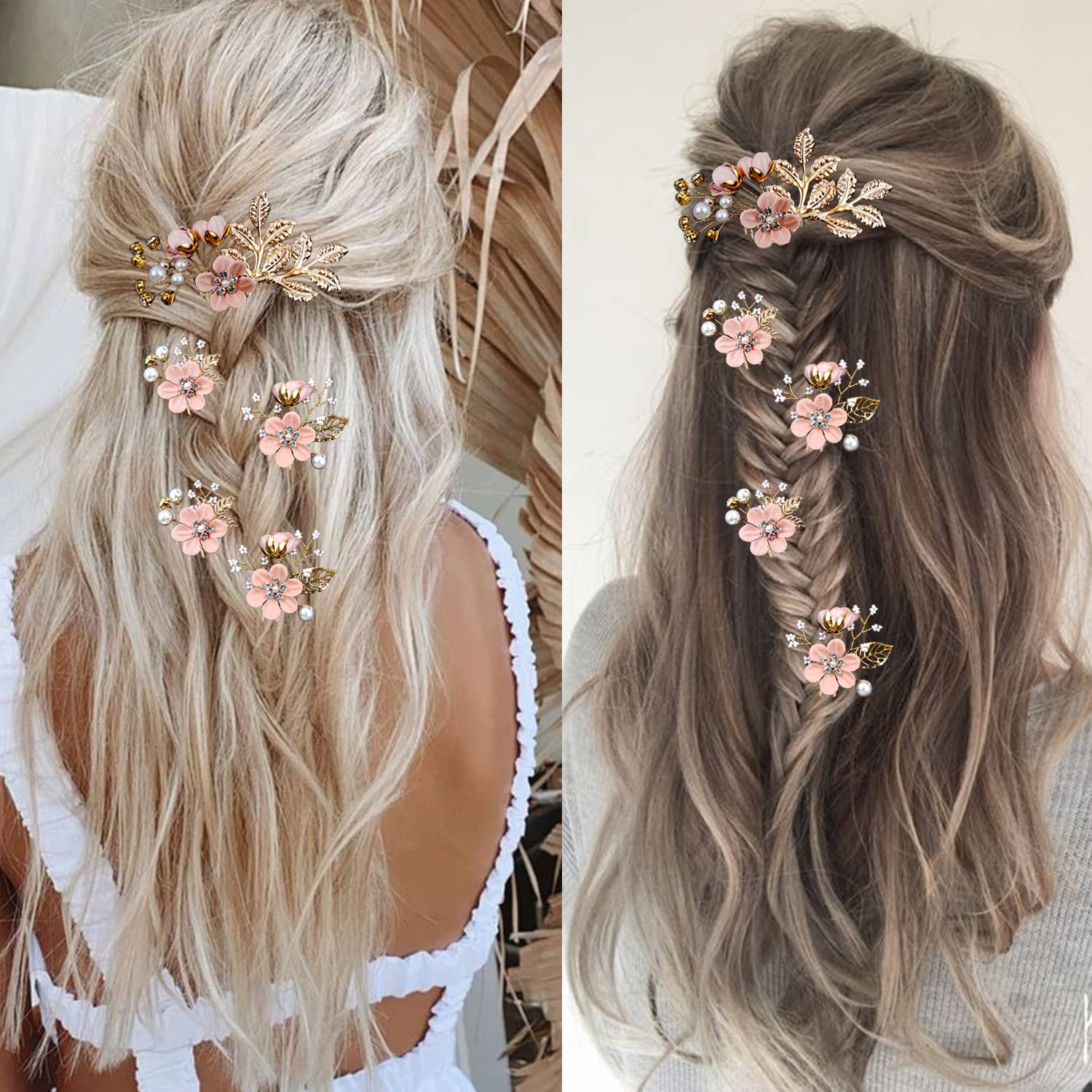 5 Pieces Bridal Flower Wedding Hair Pins Crystal Pearl Hair Pins Clips Headpiece Gold Wedding Hair Accessories Jewelry with Rhinestone for Brides Bridesmaids Women Girls Updo(Cherry Blossoms Pink) : Beauty & Personal Care