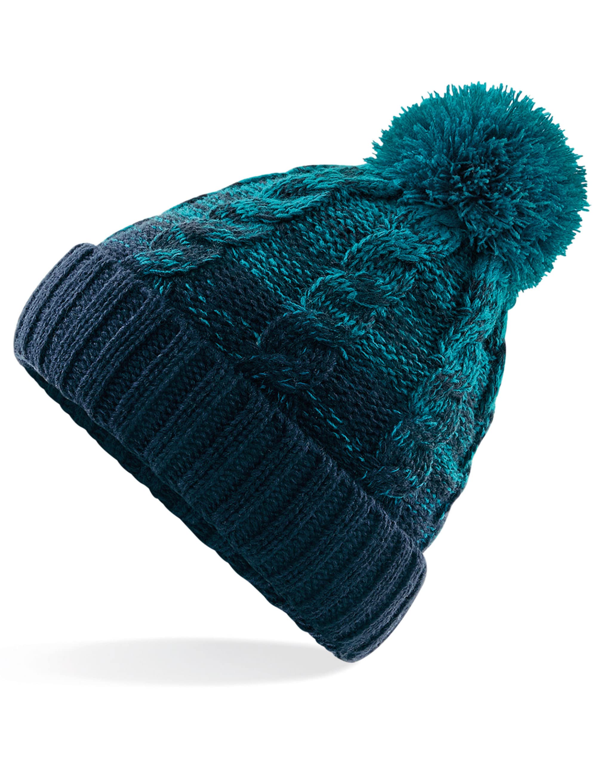 Aremie Women's Teal / French Navy Mens Beanie Hat, Unisex Warm Winter Hats With Bobble Pom Pom, Chunky Cable Knitted Wooly Beanies Cap, Green Turquoise & Blue