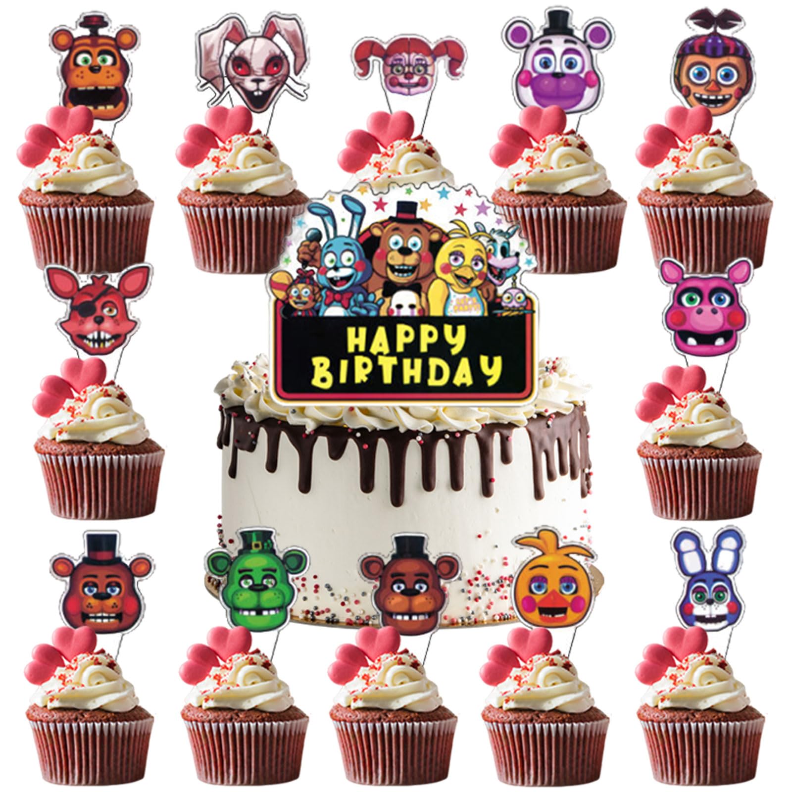 25Pcs FNAF Cake Topper, Includes 1 Happy Birthday Cake Toppers and 24 Cupcake Toppers for Birthday Party and 5 Nights Themed Party Dessert Decorations.