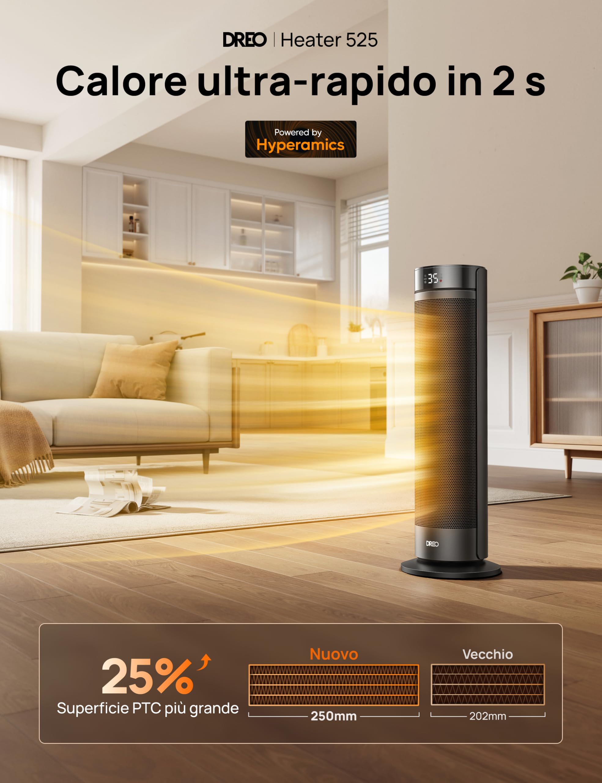 DREO Stufa a Torre 23 Pollici 2000W Silenziosa, Riscaldatore Portatile con Telecomando, Oscillazione 70°, Timer 12H, 5 Modalità, Termoventilatore in Ceramica PTC con Termostato per Casa e Ufficio