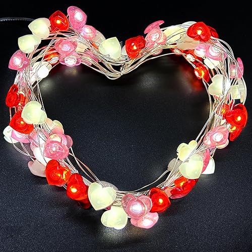 Miniatura 8 de Guirnalda de luces para decoración del día de San Valentín, paquete de 2 unidades en total de 26 pies, 80 luces LED de color blanco, rosa, rojo,