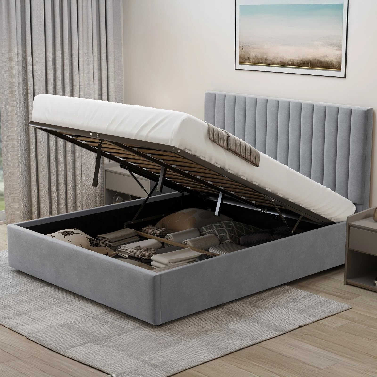 Ottoman Bed Frame Gas Lift Up Bed Upholstered King Size Bed Frame, Wooden Slats Space Saving UKFR Velvet Bed with Storage, 5ft Grey King No Mattress
