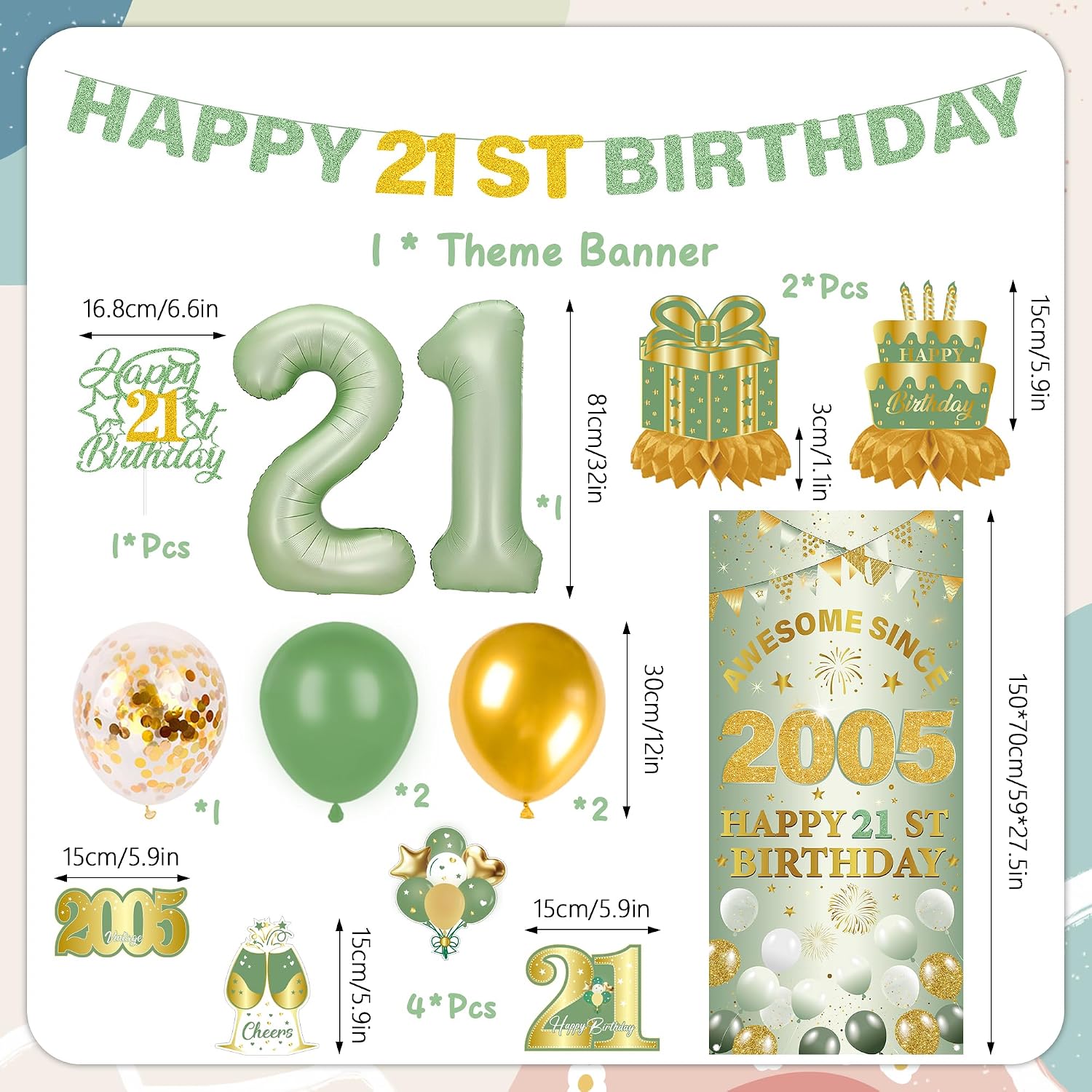 21st Birthday Decorations Banner Him - 15 Pcs Sage Green Awesome Since 2005 Backdrop Cloth Hanging Swirls Number Balloon Cake Topper Honeycomb Party Supplies for Her 21 Year Old Men Women Decor Gifts image 2
