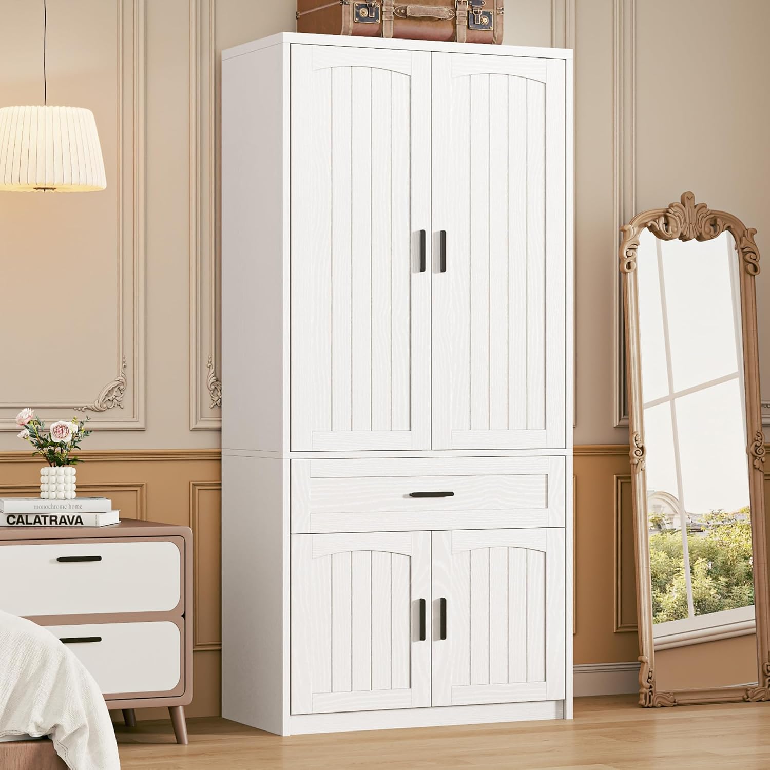 LIKIMIO 77" Tall Armoire Wardrobe Closet, Wooden Wardrobe with 4-Door and Drawer, White Clothes Storage Cabinet with Hanging Rod and Adjustable Shelves for Bedroom