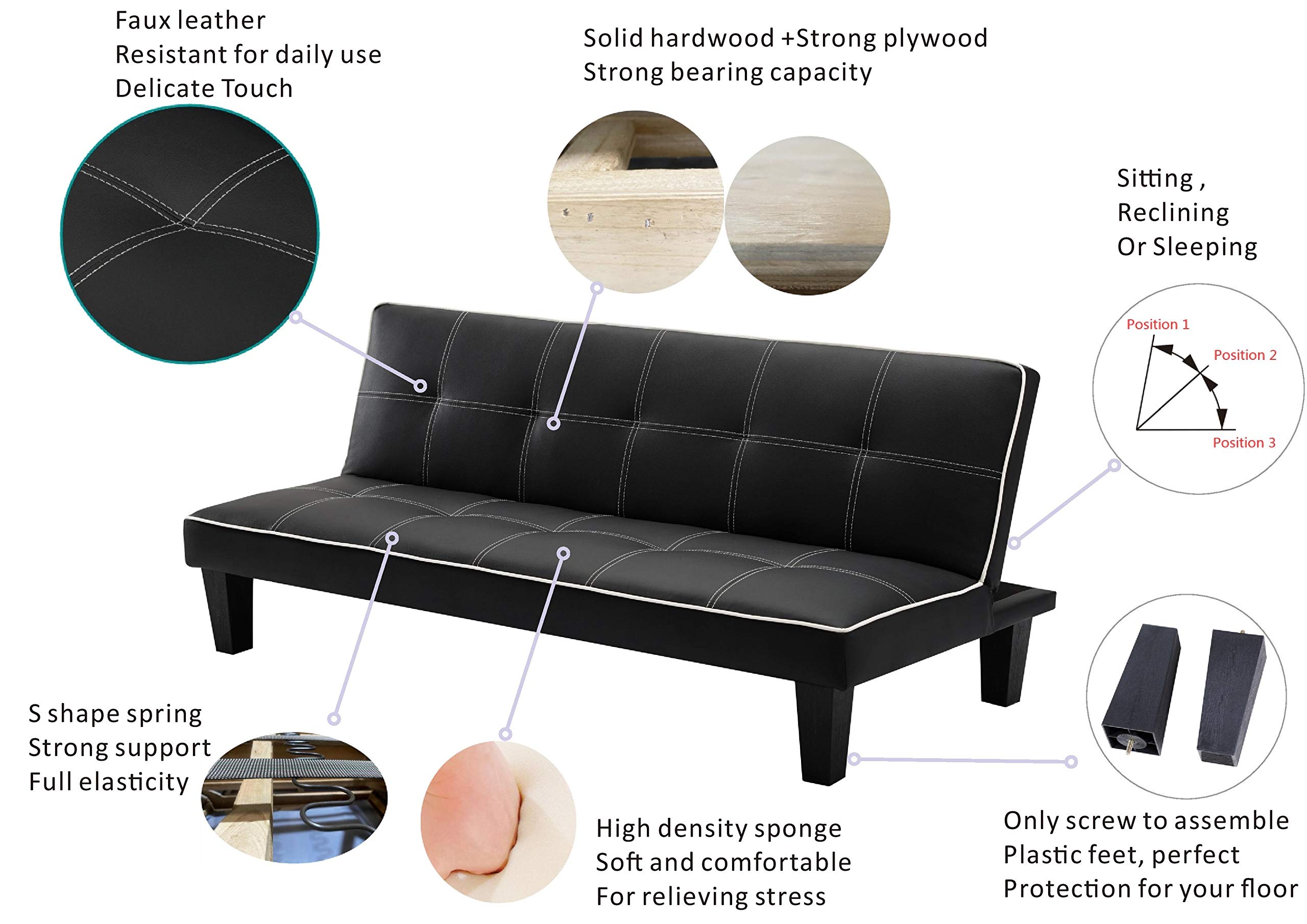 Buy MODERNIQUE Black Faux Leather 3 Seater Sofa Bed 3 Positioned BED