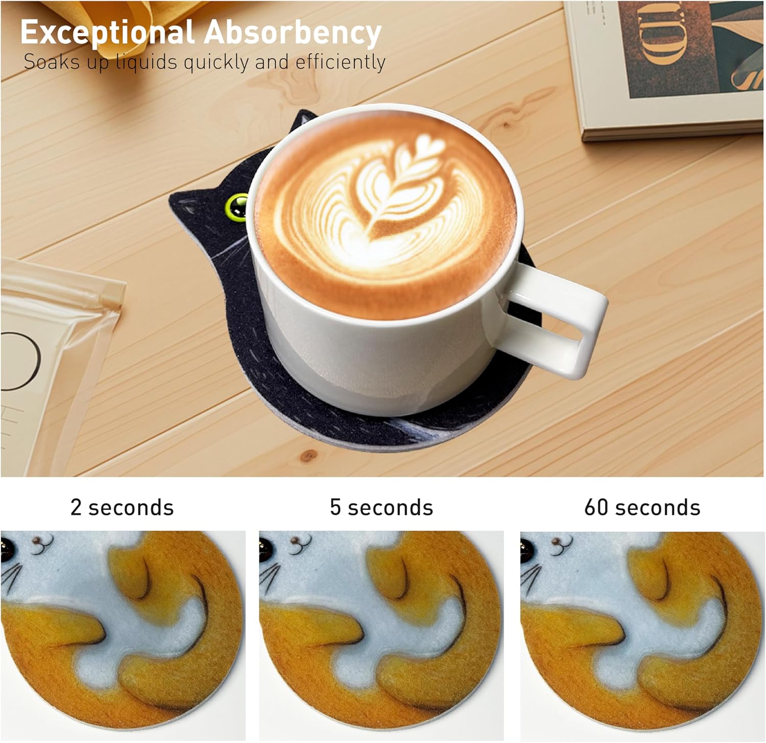 3-Pack Cat Coasters with Holder, Absorbent Felt Coasters with 3 Unique Cat Designs, Non-Slip Scratch Protection for Table, Washable Rustic Coaster Set for Coffee Mug, Housewarming Gift (3PC) image 5