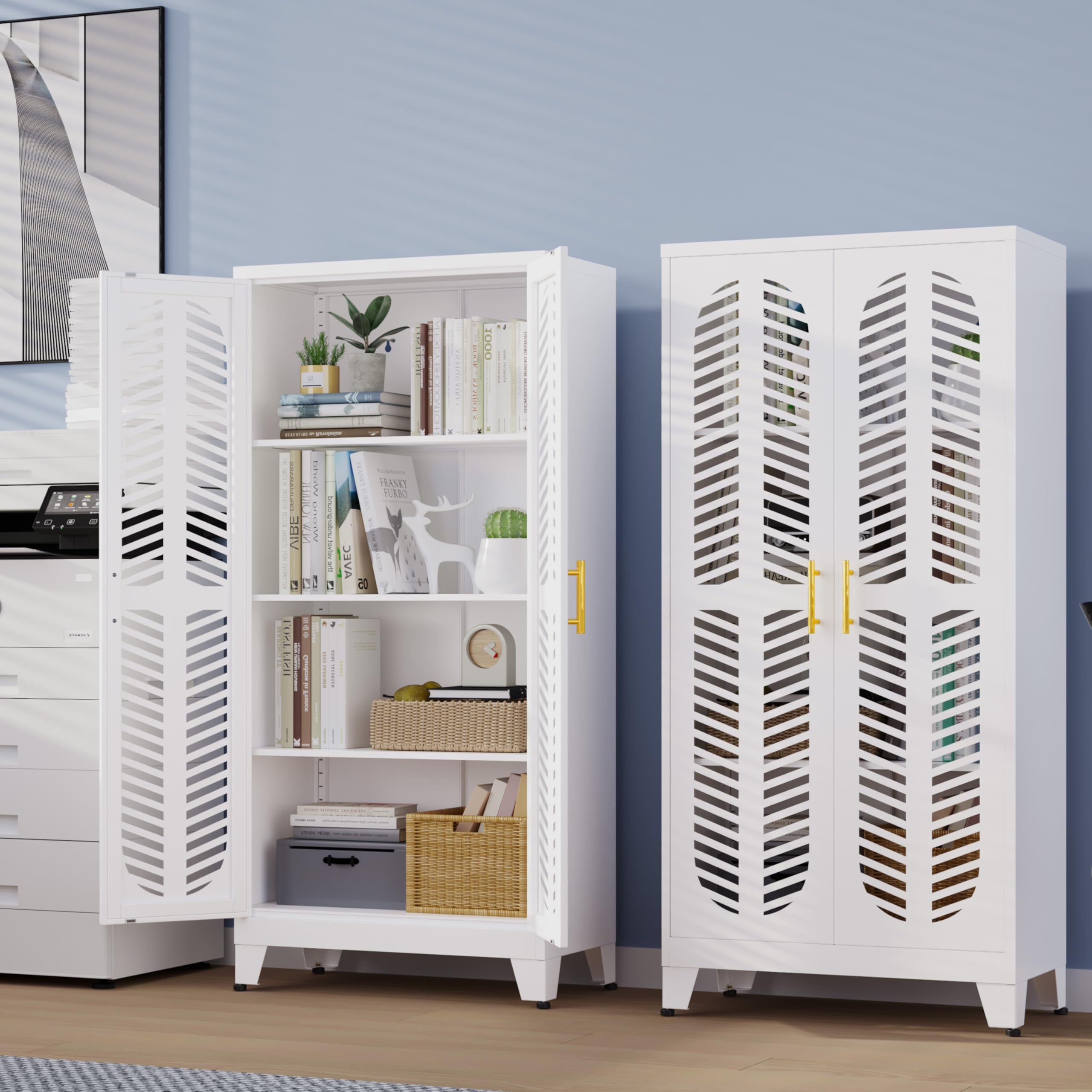 Metal Pantry Storage Cabinet,Fishbone Hollow Out Texture Storage Cabinets with Adjustable Feet and Shelves, Cupboard Pantries Cabinet for Kitchen, Living Room, Laundry Room and Dinning Room 61.02”H