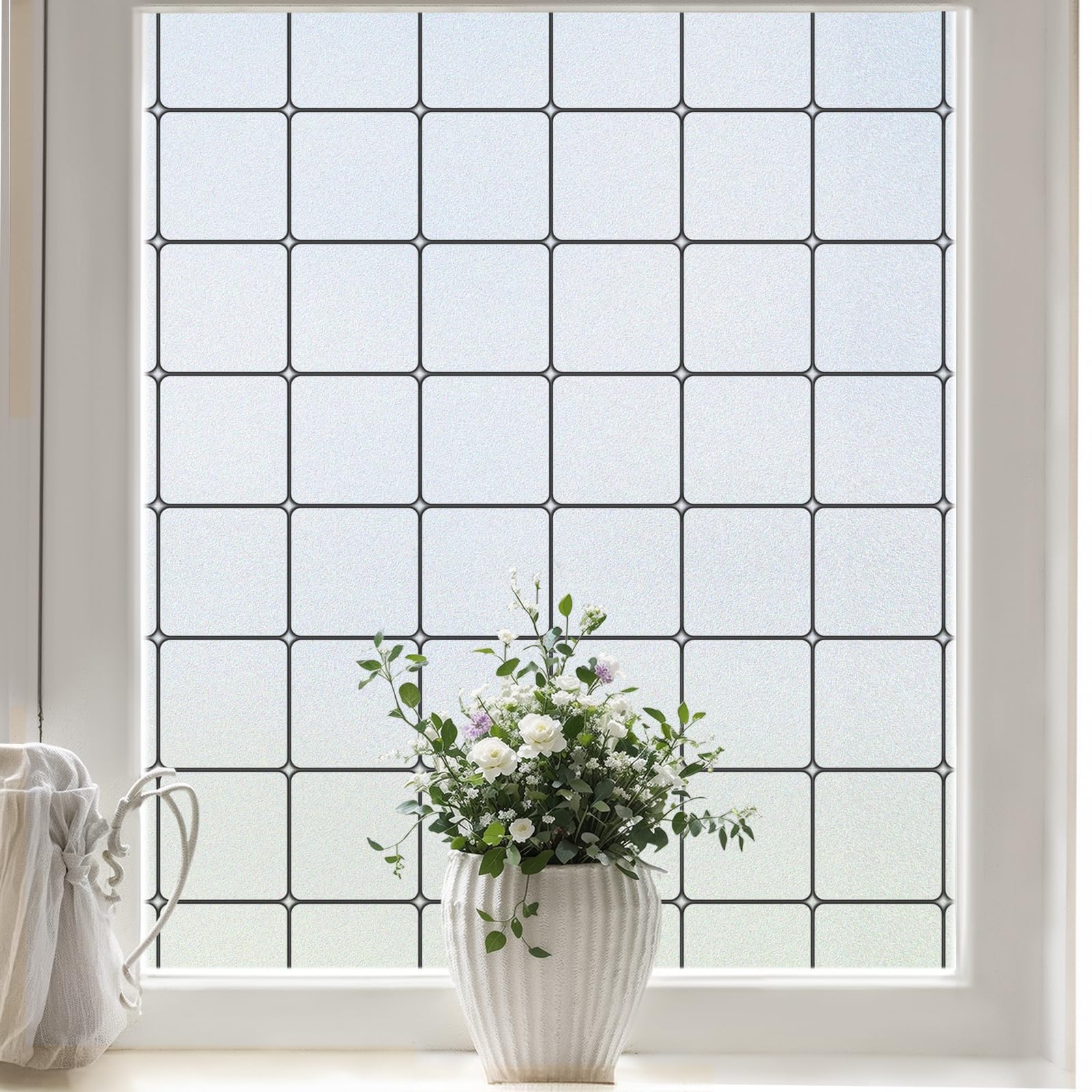 Windimiley Window Privacy Film Frosted Glass Static Cling Black Lattice Bathroom Decorative Sticker Heat Control Uv Sun Blocking Opaque Vinyl Non-Adhesive Removable Door Covering, 17.5x118.1 In, Pure