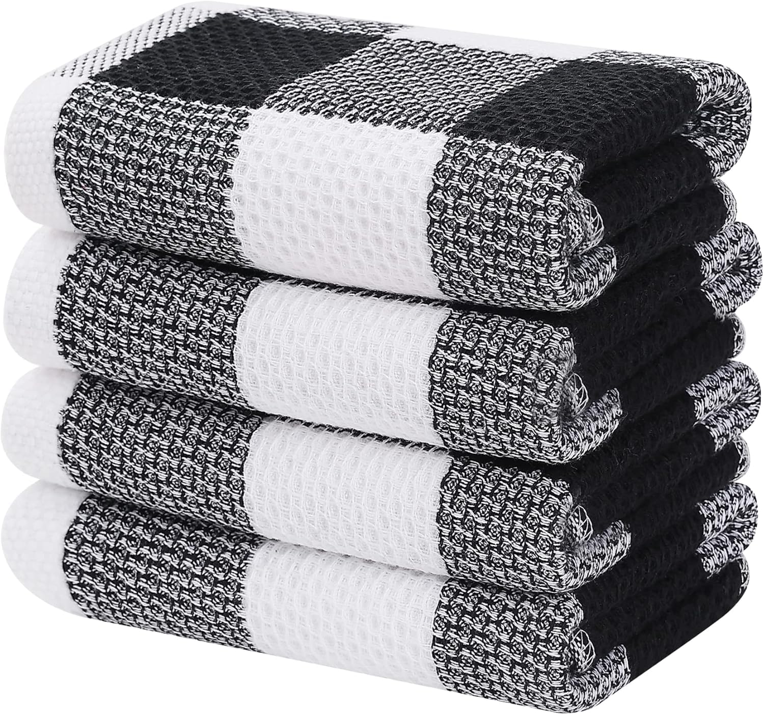 Waffle Weave Kitchen Towels, Check Plaid Dish Towels, Super Soft Absorbent Cotton Towel for Drying Dishes and Cleaning, White and Black Reusable Kitchen Cloths, 100% Cotton (34x74cm, 4 Pack)