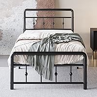 Lutown-TeenHome 12 Inch Twin Metal Bed Frame with Victorian Vintage Headboard & Footboard - No Box Spring, Noise-Free, Easy Assembly, Black