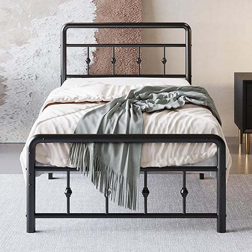 12 Inch Twin Bed Frames with Victorian Vintage Headboard and Footboard, No Box Spring Needed, Heavy Duty Metal Mattress Foundation, Noise Free, Easy Assembly, Black