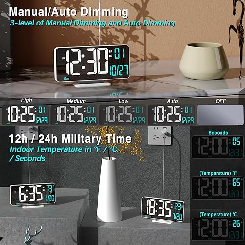 Miniatura 8 de Reloj despertador para dormitorio, reloj digital de escritorio LED de 6.7 pulgadas, reloj de espejo de noche para niños y adolescentes con fecha y