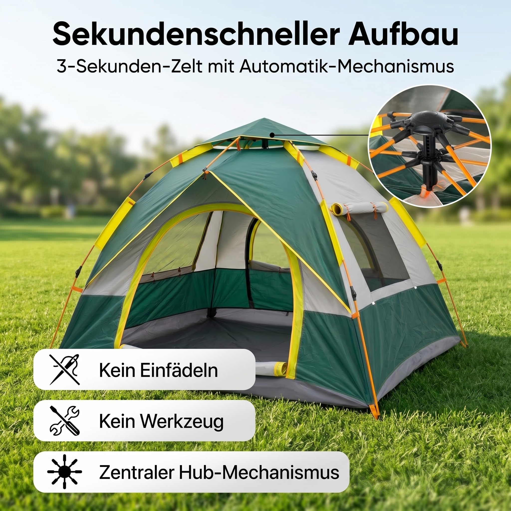 EVOCAMP Wurfzelt 2-3 Personen, Automatisches Pop-Up Zelt mit Schnellaufbau, wasserabweisend, UV-Schutz & Moskitonetz – Geräumiges Campingzelt für Festival & Park, 210x200x150 cm, 2,76 kg
