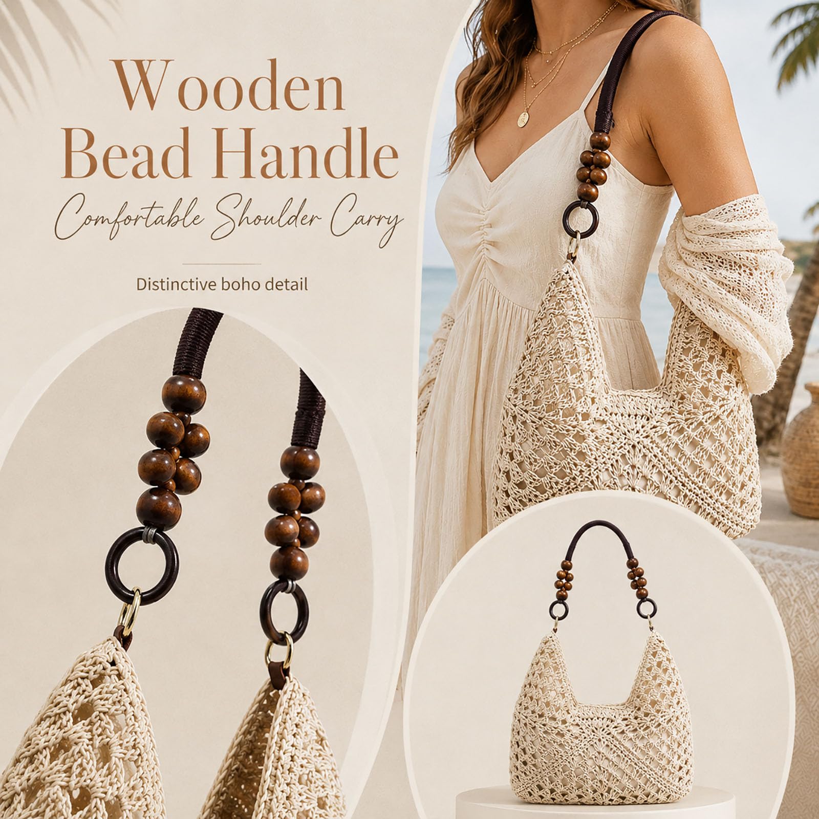 Straw Bags for Women 2026, Crochet Woven Beach Tote Bag with Wooden Beads, Boho Shoulder Purse for Summer Vacation Travel