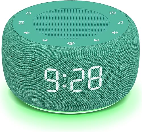 Buffbee Máquina de sonido y reloj despertador 2 en 1, 0-100% brillo facial del reloj, luz de color inferior, temporizador de sueño, control de