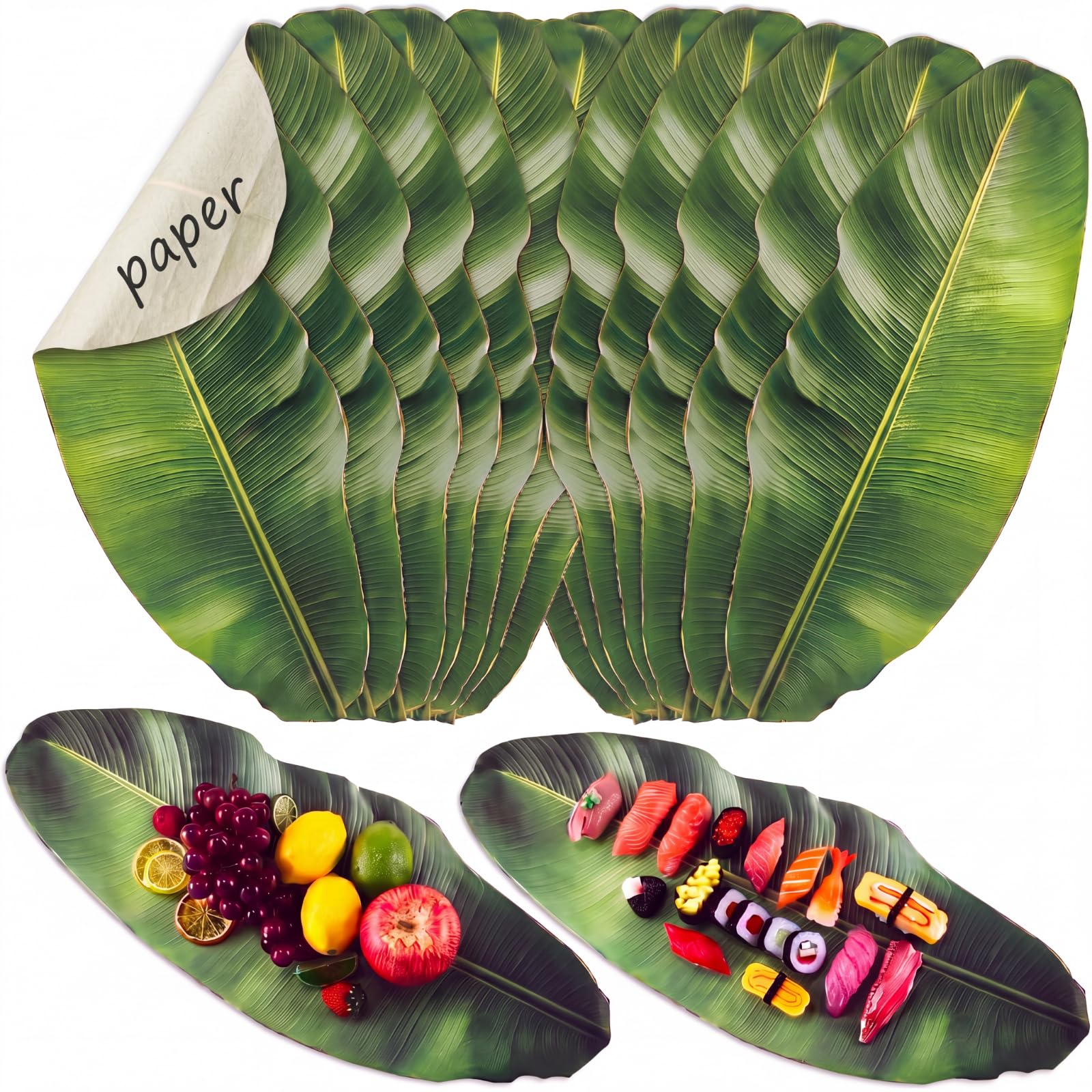 Tinlade 30 hojas de plátano, hojas de papel de pergamino, hojas de plátano artificiales tropicales para cocinar, tabla de charcutería para servir alimentos, decoración de fiesta hawaiana, centros de