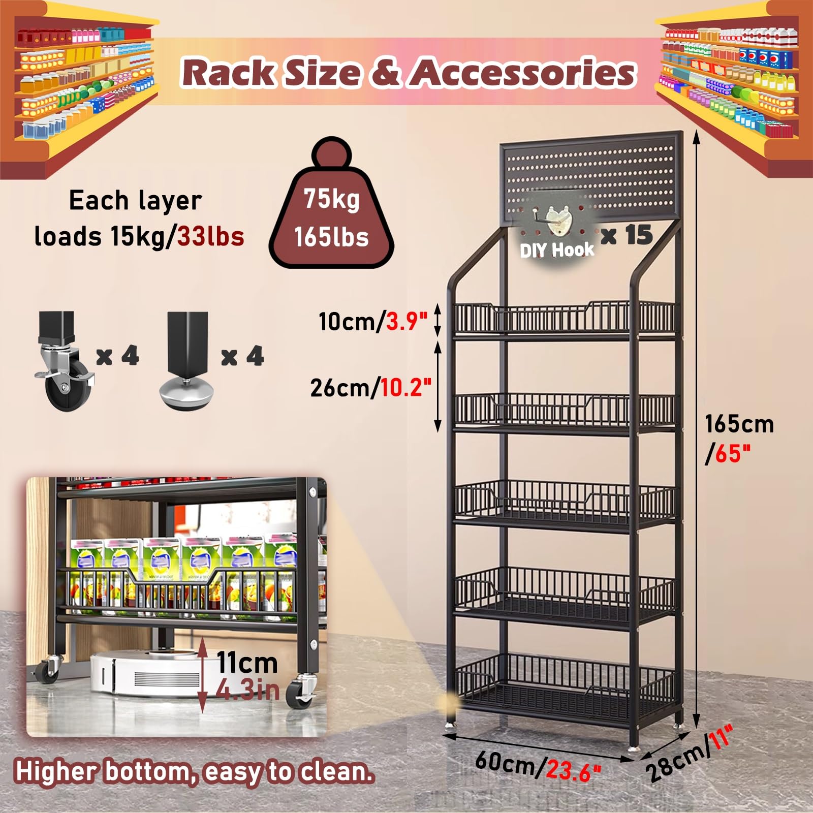 Snack-Regal im Supermarkt 5-stöckiges Supermarkt-Snack-Regal, Kommerzielles Einzelhandels-Display-Regal Mit Rädern, Lebensmittel-Display-Regal Für Zuhause/ Büro/ Commissary/ Convenience Store(Black,L