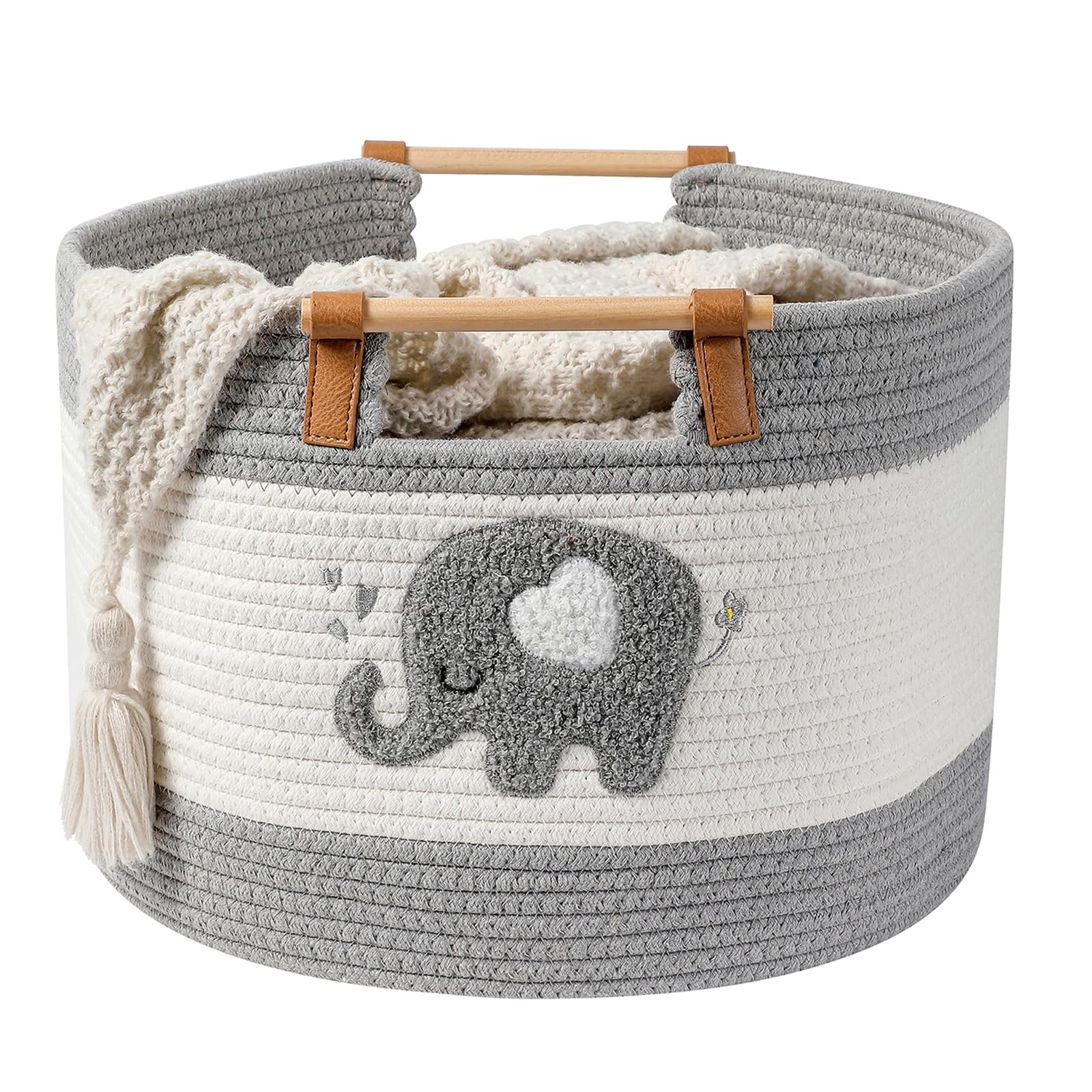 Grande Cesto Coperta 35L Cesto in Corda di Cotone con Manici in Legno Cesti Intrecciati per Giocattoli di Peluche dei Bambini, Contenitore per Pannolini, Contenitore Vestiti Neonati