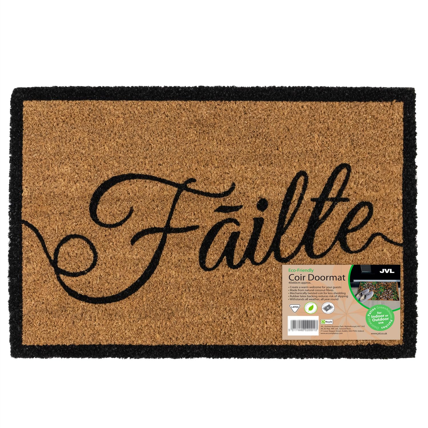 JVL Eco-Friendly Latex Backed Coir Entrance Doormat, 40x60cm - Failte
