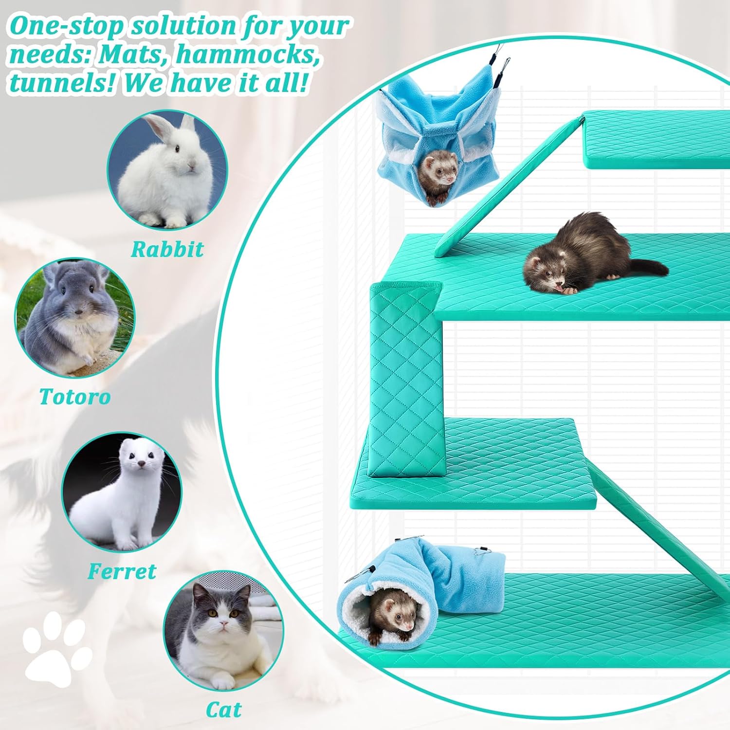 9 Pcs Ferret Cage Liner Set with Hammock and Tunnels Washable Guinea Pig Rat Ferret Pads Bedding Cage Accessories Kit for Small Animals Hamster Rats Chinchillas Hedgehogs Guinea, Blue