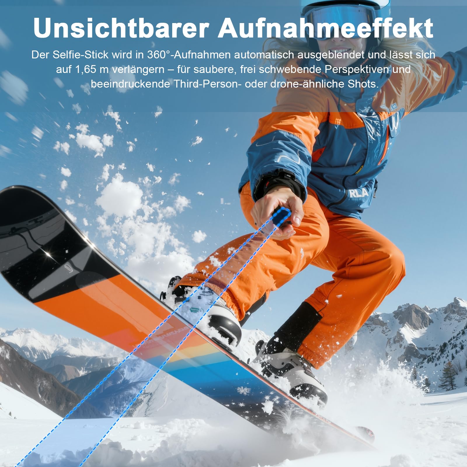 Unsichtbarer Selfiestick Stativ 165cm, 2-in-1 Teleskop-Monopod für Insta360 X5/X4/ONE X2, 1/4" Zoll Handheld Pole Stick mit GoPro-Adapter für GoPro, DJI Osmo Pocket 3, Action 5 Pro/4