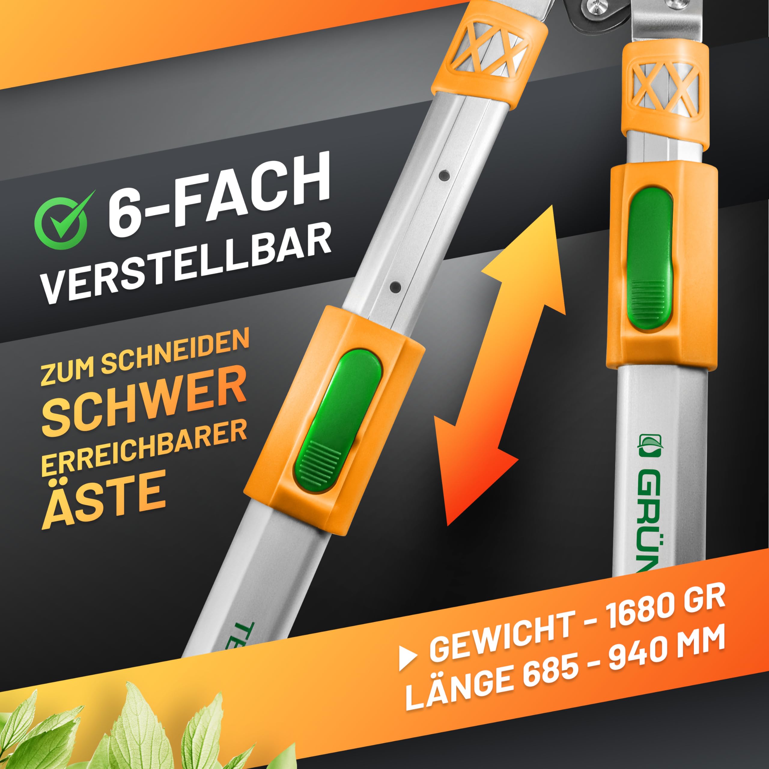 GRÜNTEK Teleskop-Astschere 685-940mm Bypass-Astschere SK5-Karbonstahl rutschfeste 2-Komponenten-Griffe