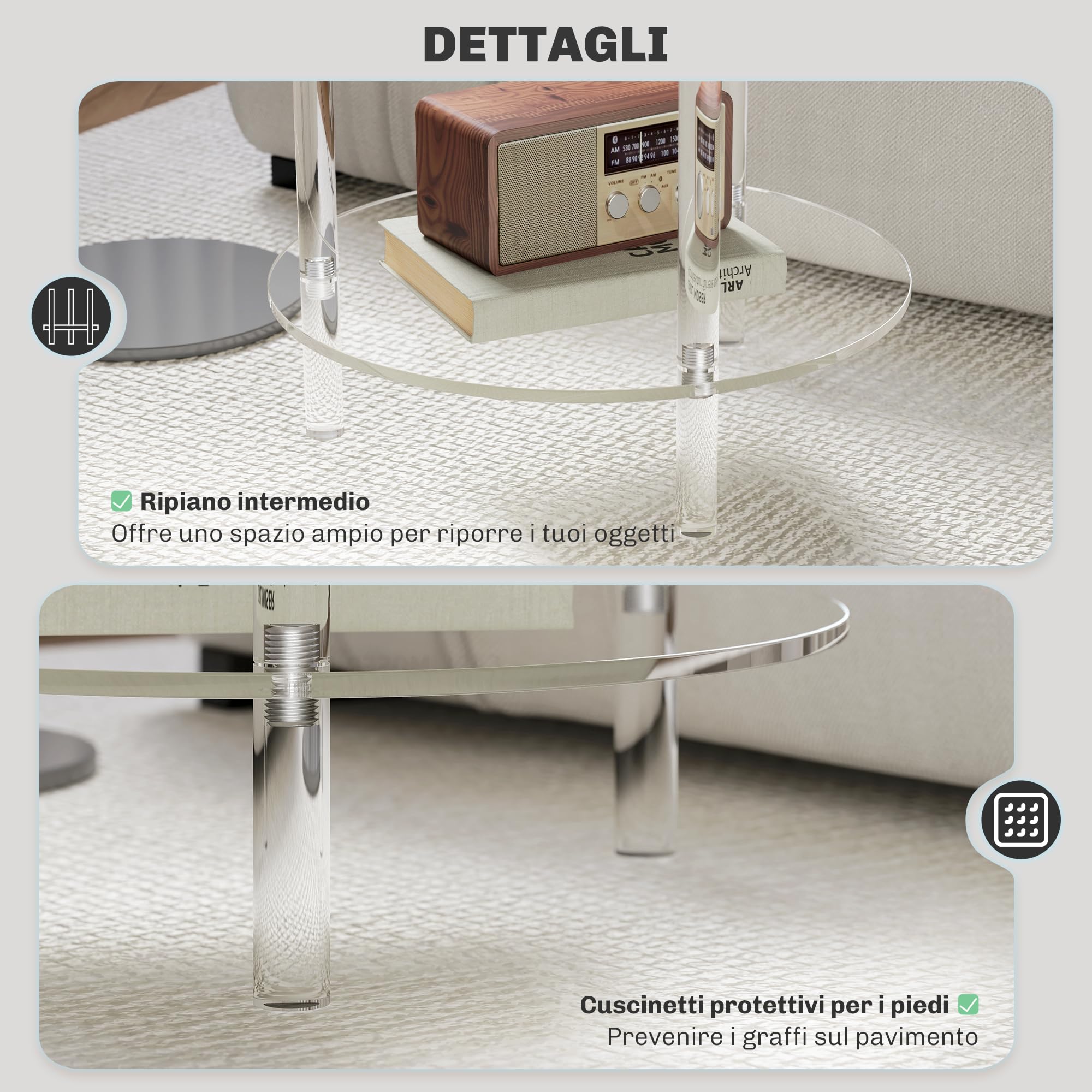 HOMCOM Tavolino Basso Rotondo 2 Livelli Acrilico Ø40x50 cm Trasparente | per Interni, Tavolino da Divano