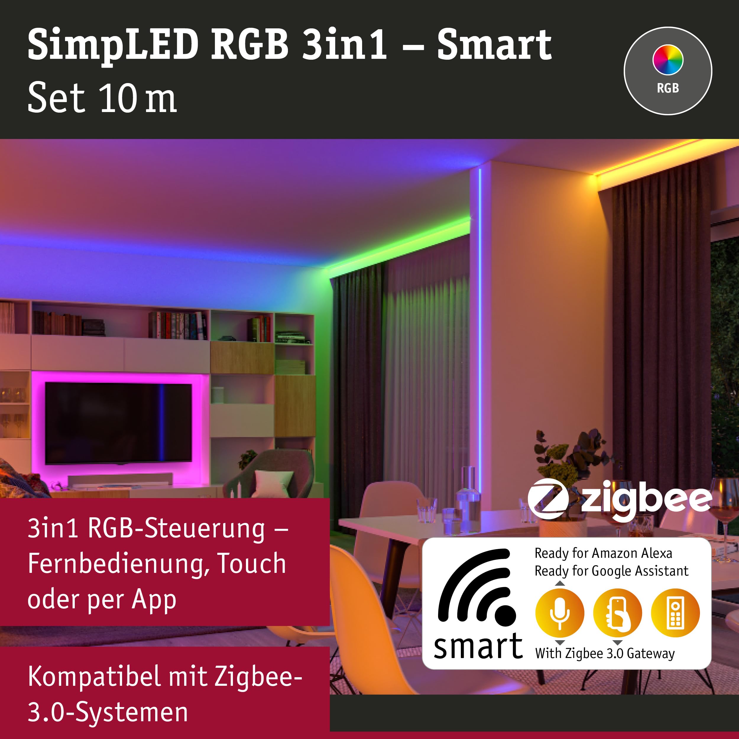 Paulmann 70535 SimpLED LED Strip Smart Home Zigbee RGB Komplettset 10m 26W 900lm 30LEDs/m RGB 36VA Profil für Leuchtstreifen