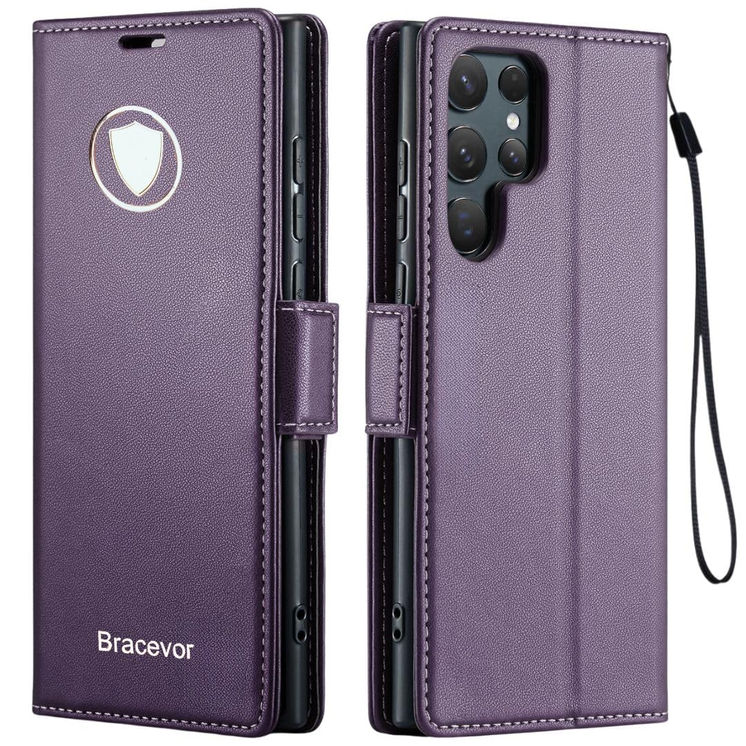 Bracevor Deluxe Leather Flip Cover case for Samsung Galaxy S23 Ultra 5G : Purple | Full Camera Cover | RFID Blocking Wallet Pockets | 360 Degree Protection
