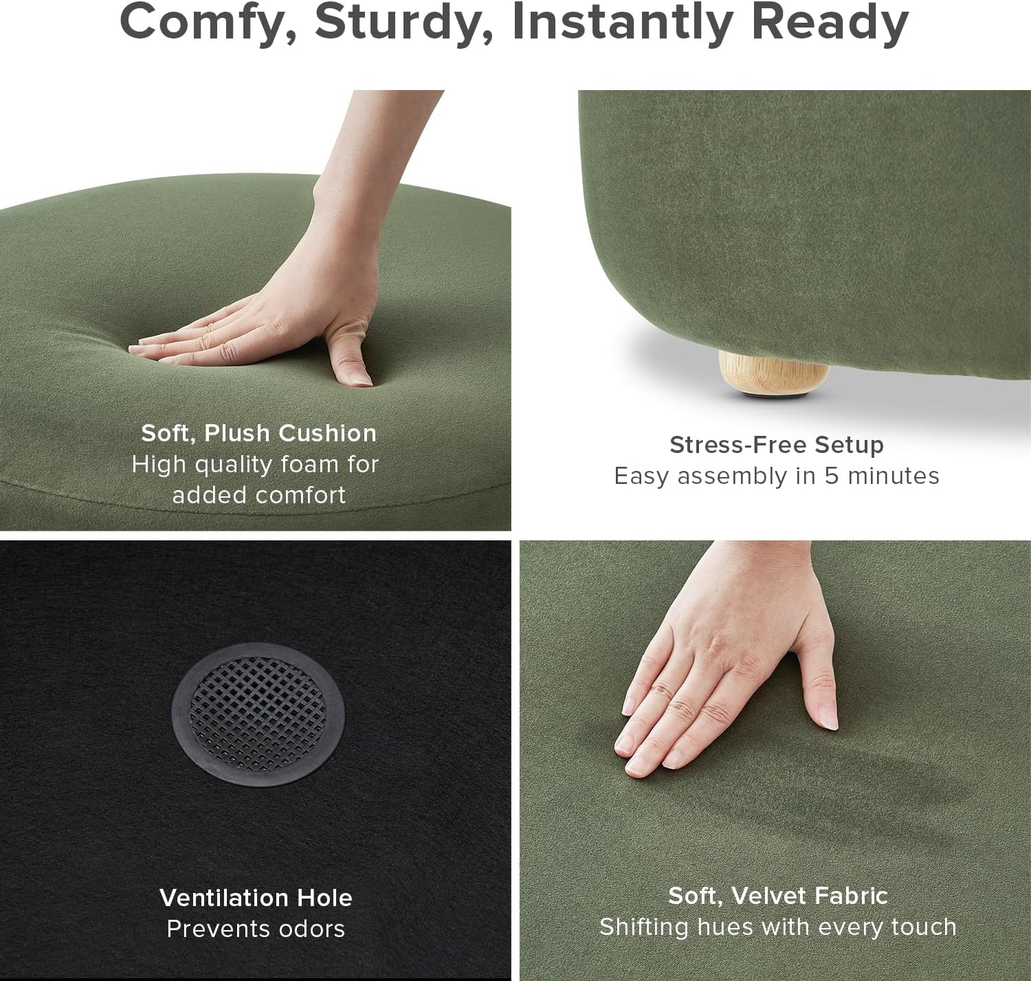 mopio Luna Round Ottoman with Storage and Tray, Round Coffee Table with Storage, Upholstered Foot Stools Ottoman for Living Room, Bedroom, with Solid Rubberwood Legs (Olive Green Premium Velvet)