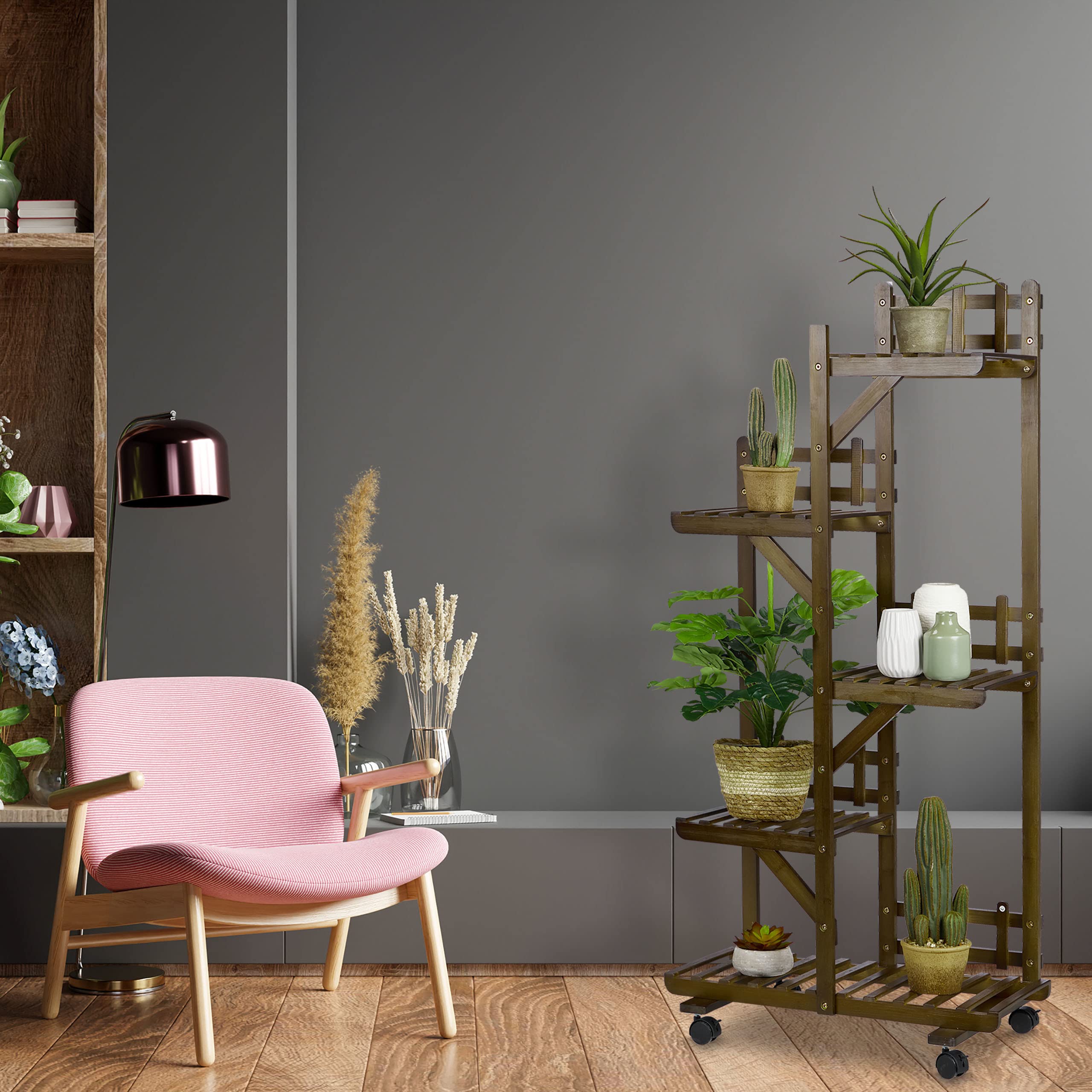 Relaxdays Étagère à Plantes, avec 5 Niveaux, en Bambou, roulettes, HLP : env. 130 x 62 x 36 cm, intérieur, Nature