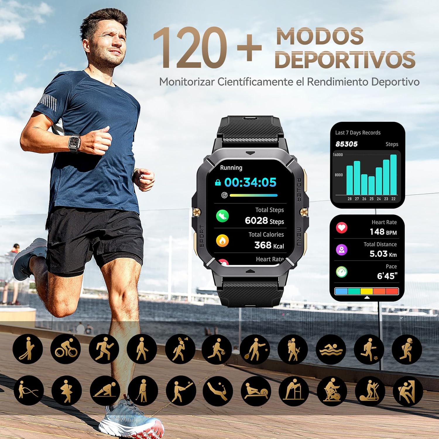 CUBOT C28 Smartwatch displaying sports tracking data, with icons representing over 120 sports modes.