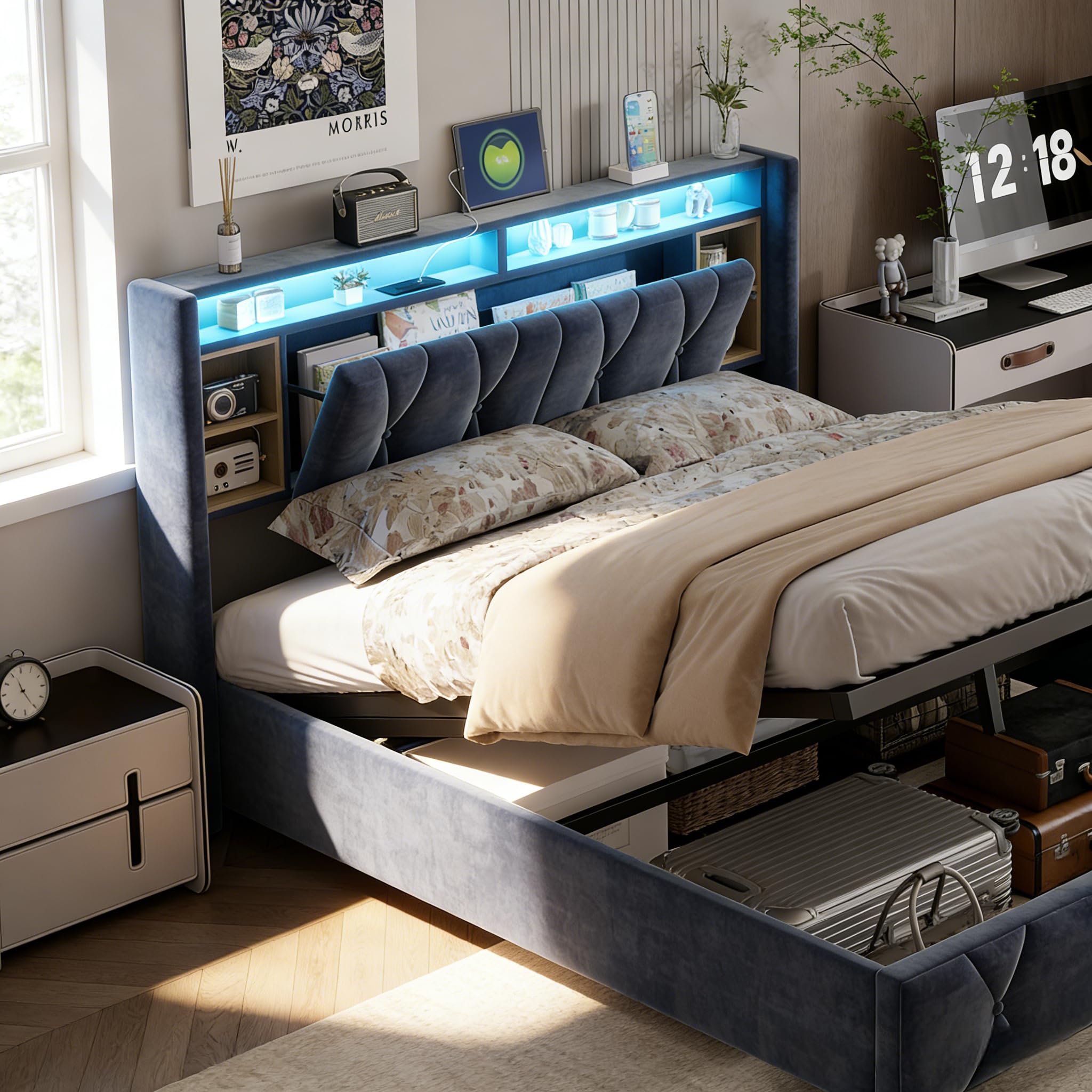 BRILVERDE Letto Imbottito 160x200 cm con Contenitore Idraulico, Letto Matrimoniale a LED con USB, Funzionale con testiera, Struttura Letto con Rete a doghe, Velluto (Grigio, 160 x 200 cm)
