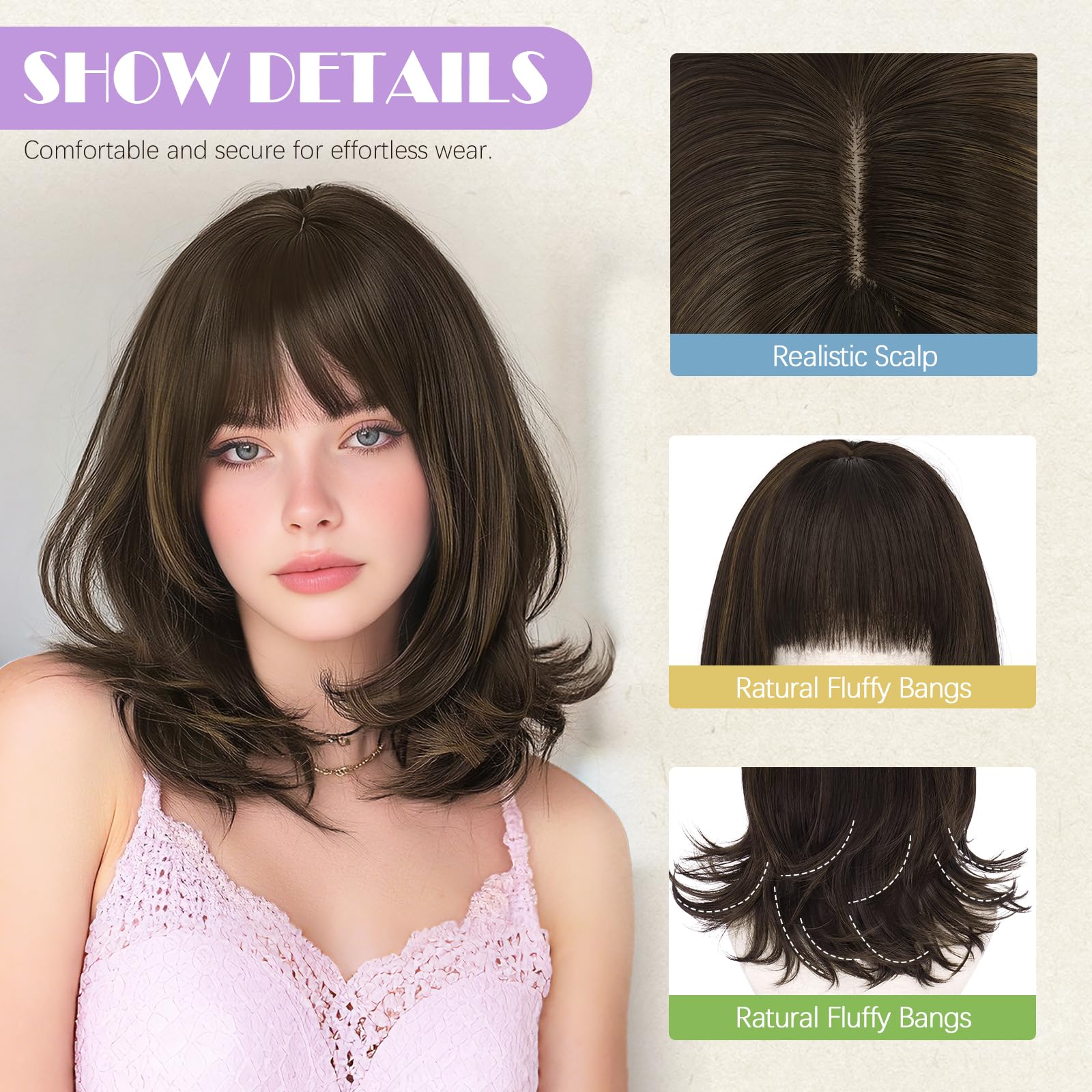 Sofeiyan Peluca de Cabello Corta Natural,38 cm Marrón Chocolate con Reflejos Marrón Dorado Peluca Bob con Flequillo,Pelucas Sintéticas para Mujer con Puntas Rizadas de Forma Natural Uso Diario