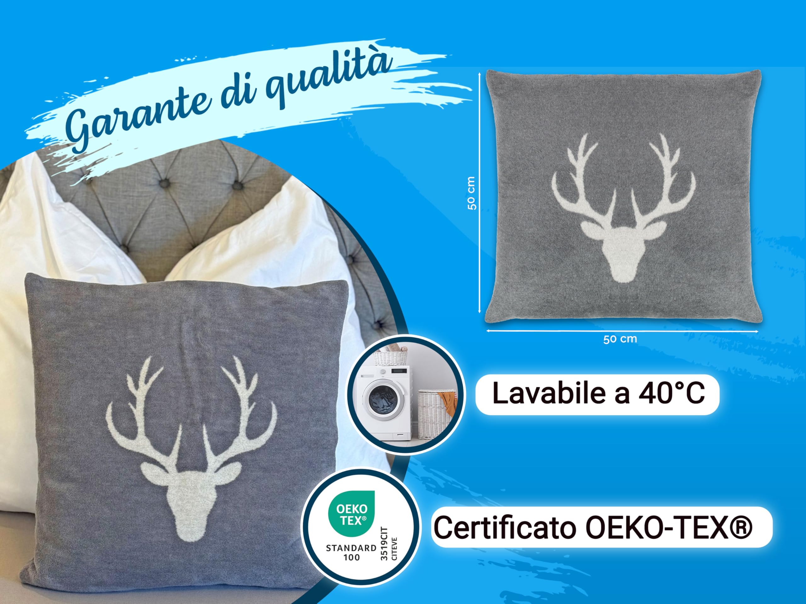 ZOLLNER 2 Fodere decorative per cuscini - 50x50 cm - copricuscini morbidi e soffici - grigi con testa di cervo - lavabile a 40°C - Certificato OEKO TEX (R)