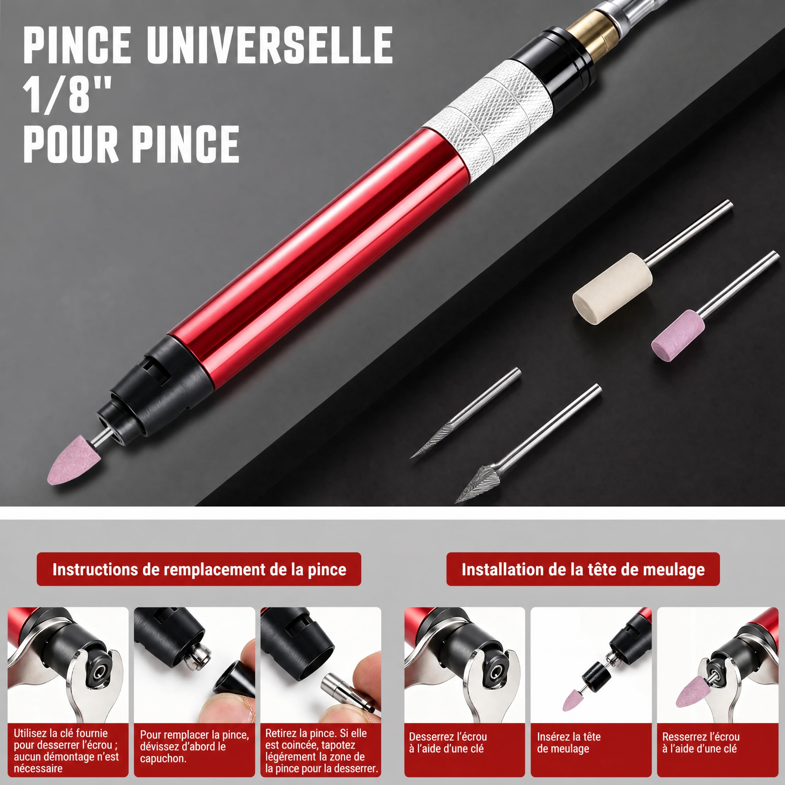 Meuleuse à Crayon Pneumatique, Mini Meuleuse Pneumatique Micro Meuleuse à Air, 65000rpm Micro Broyeur Pneumatique Broyeur à Air Mini Meuleuse Droite Avec Clé à Main Pour Le Polissage Et Le Meulage