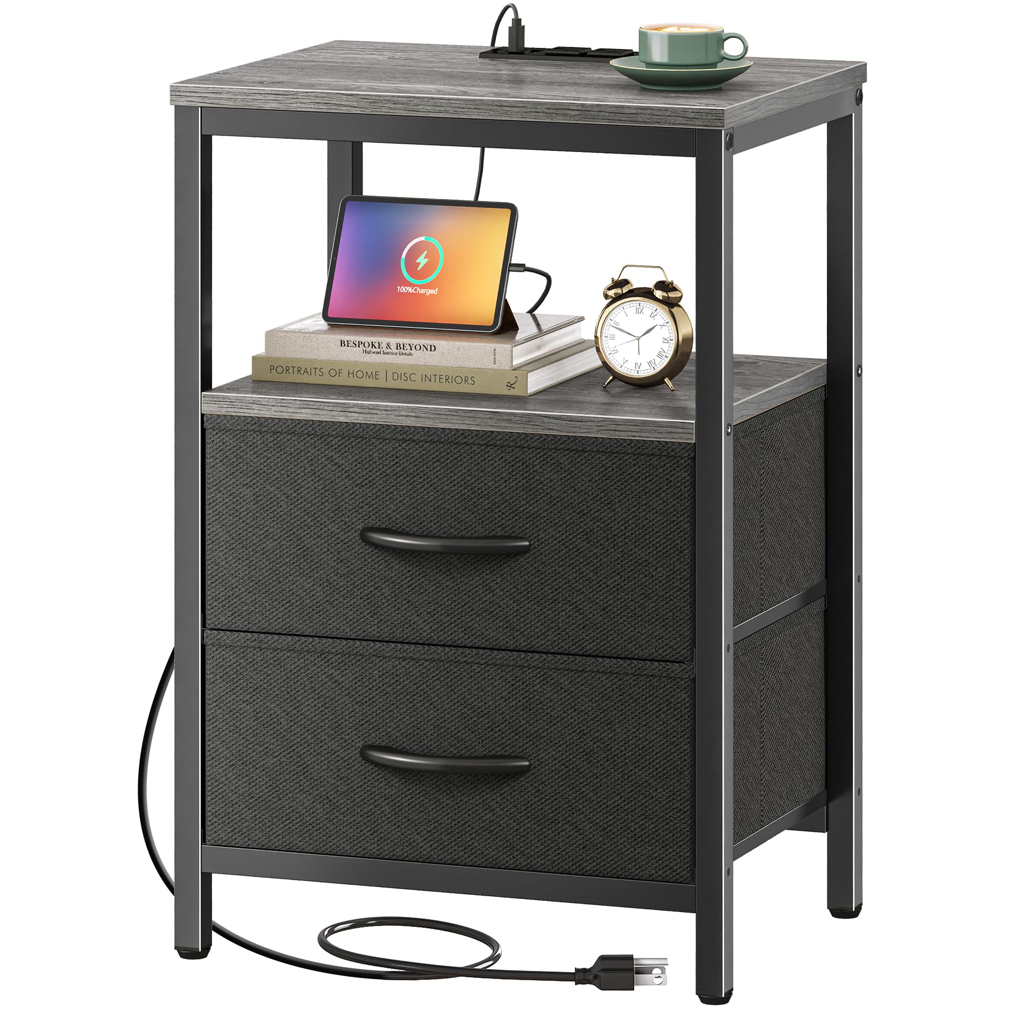 Buy Nightstand with Charging Station, Side Table with Fabric Drawers