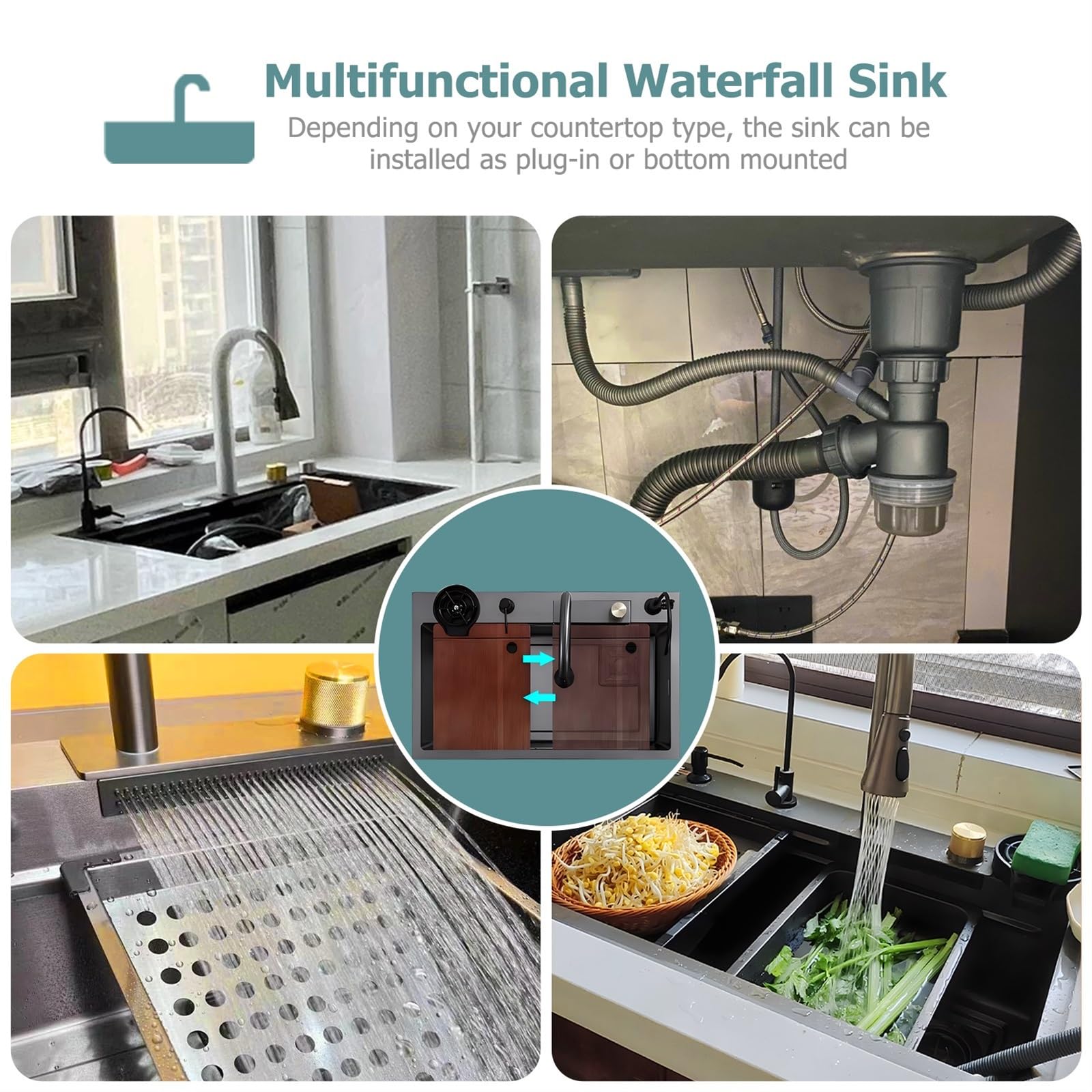 85x45cm Multifunktionale Edelstahl Küchenspüle, Tiefes Wasserfall Barspüle, Display-Spülen-Set Für Den Rechteck Für Den Hausgebrauch, Gläserspüler und Abflusskörbe
