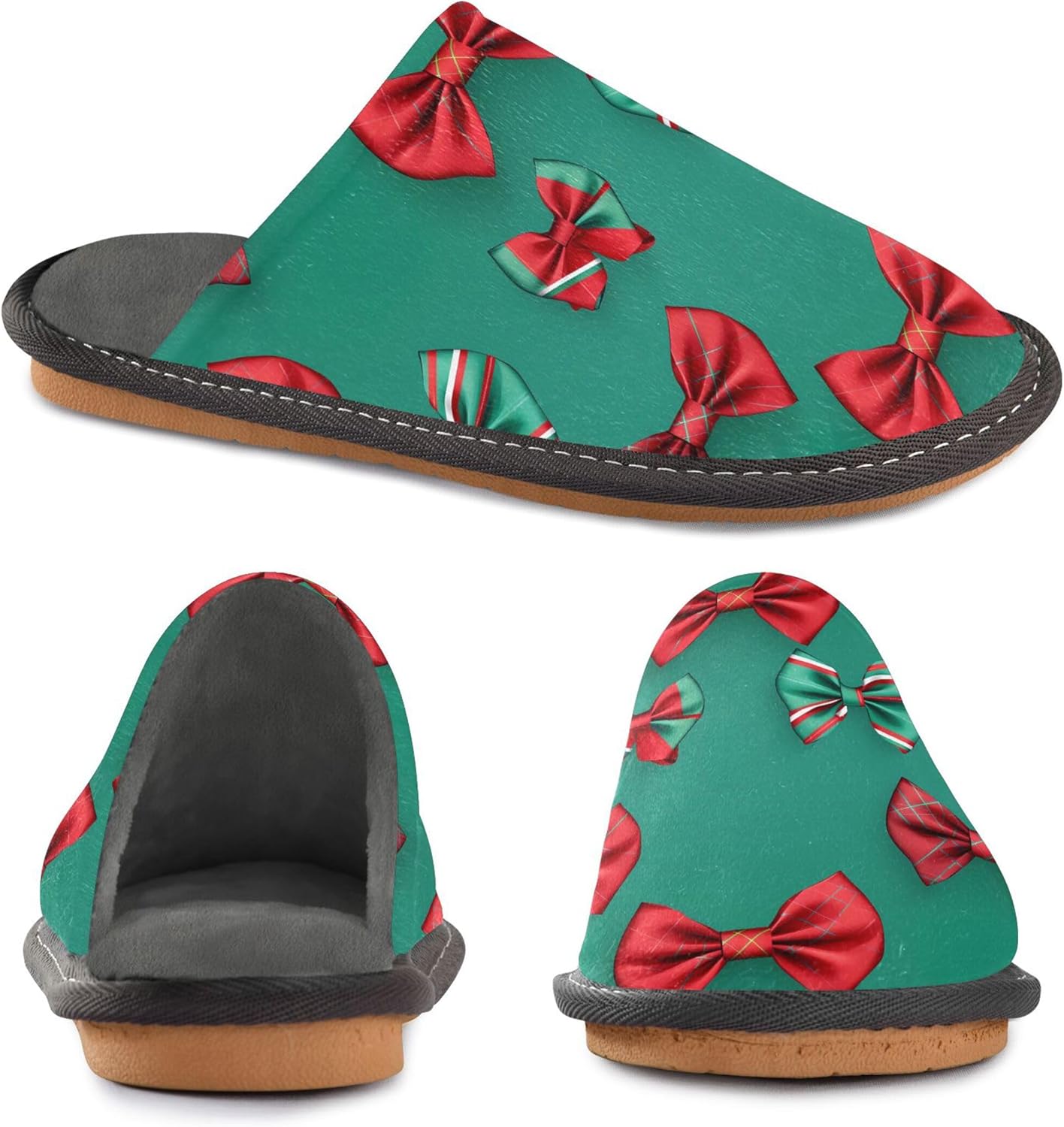Christmas Red Green Bow House Slippers – Cozy Fuzzy Slippers for Guests, Washable & Disposable, Perfect for Shoeless Home, Spa & Hotel Use A111634