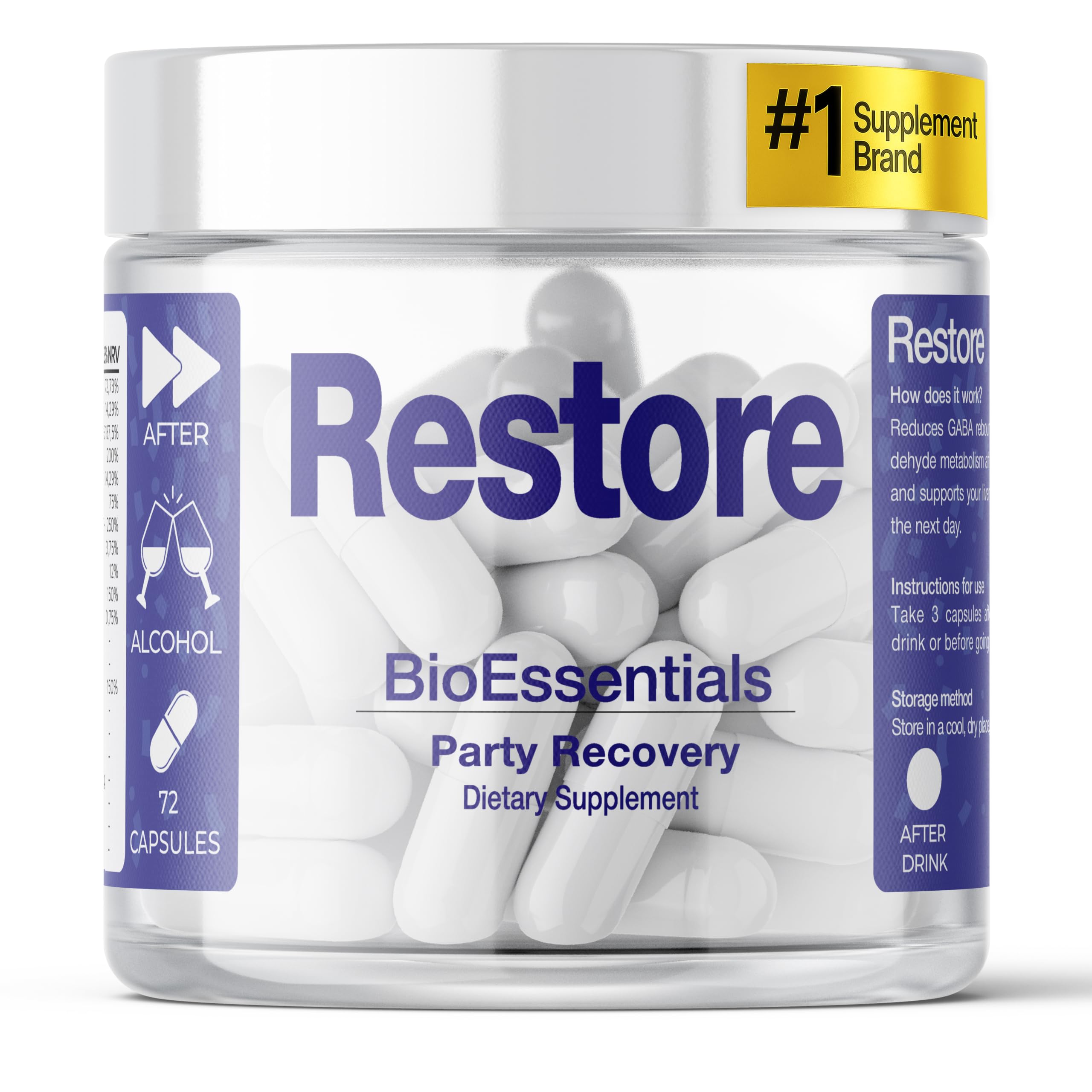 Restore – Lepsze Poranki i Wsparcie Wątroby – DHM 894 mg, NAC 300 mg, Ostropest 250 mg, Kudzu i Elektrolity – 72 Kapsułki Wegańskie · 24 Porcje