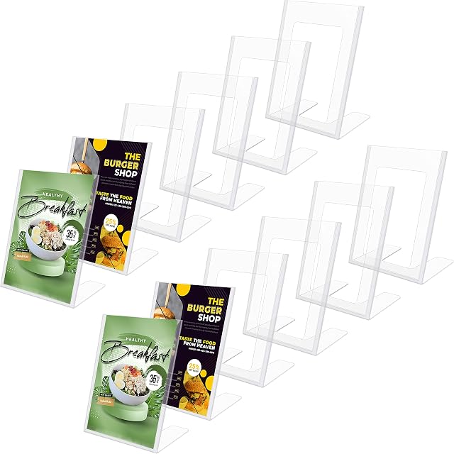 Kurtzy A5 Clear Plastic Sign Holder (12 Pack) - Slanted Portrait Plastic Display Holders - Table Top Restaurant Menu, Office Desk Cards, Ad Poster, Leaflet, Flyer, Paper Holder & Photo Frame Stand